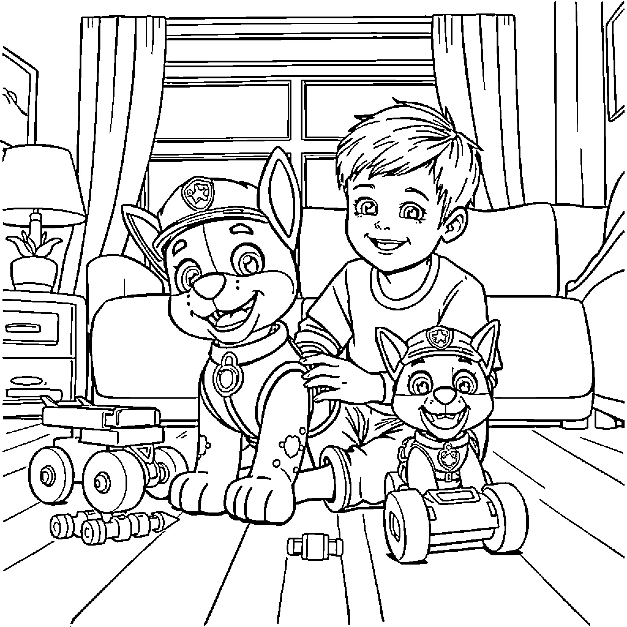 Paw Patrol Friends Enjoying a Playtime Adventure Coloring Page (free black-and-white line drawing printable PDF for all, from beginners to advanced learners, including children, teens, adults, and seniors)