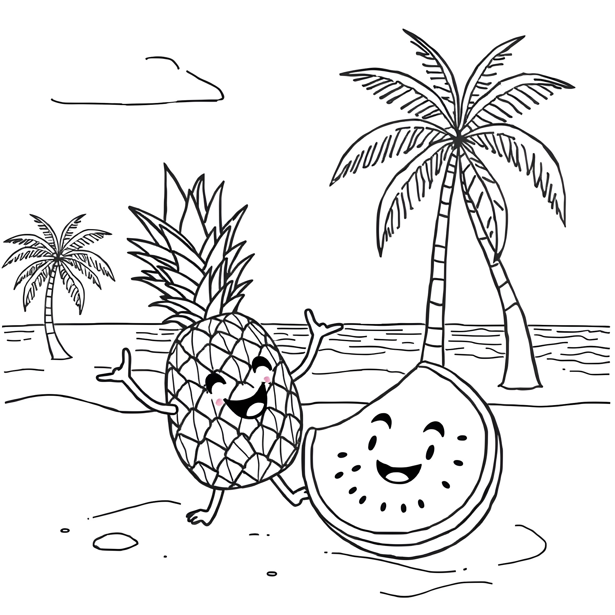 Fruit characters in tropical beach scene Coloring Page (free black-and-white line drawing printable PDF for all, from beginners to advanced learners, including children, teens, adults, and seniors)