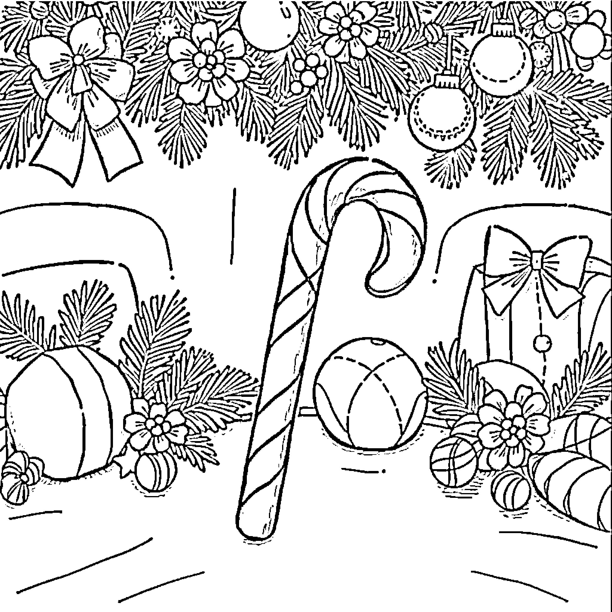 Candy Cane Holiday Decorations and Ornaments Coloring Page (free black-and-white line drawing printable PDF for all, from beginners to advanced learners, including children, teens, adults, and seniors)