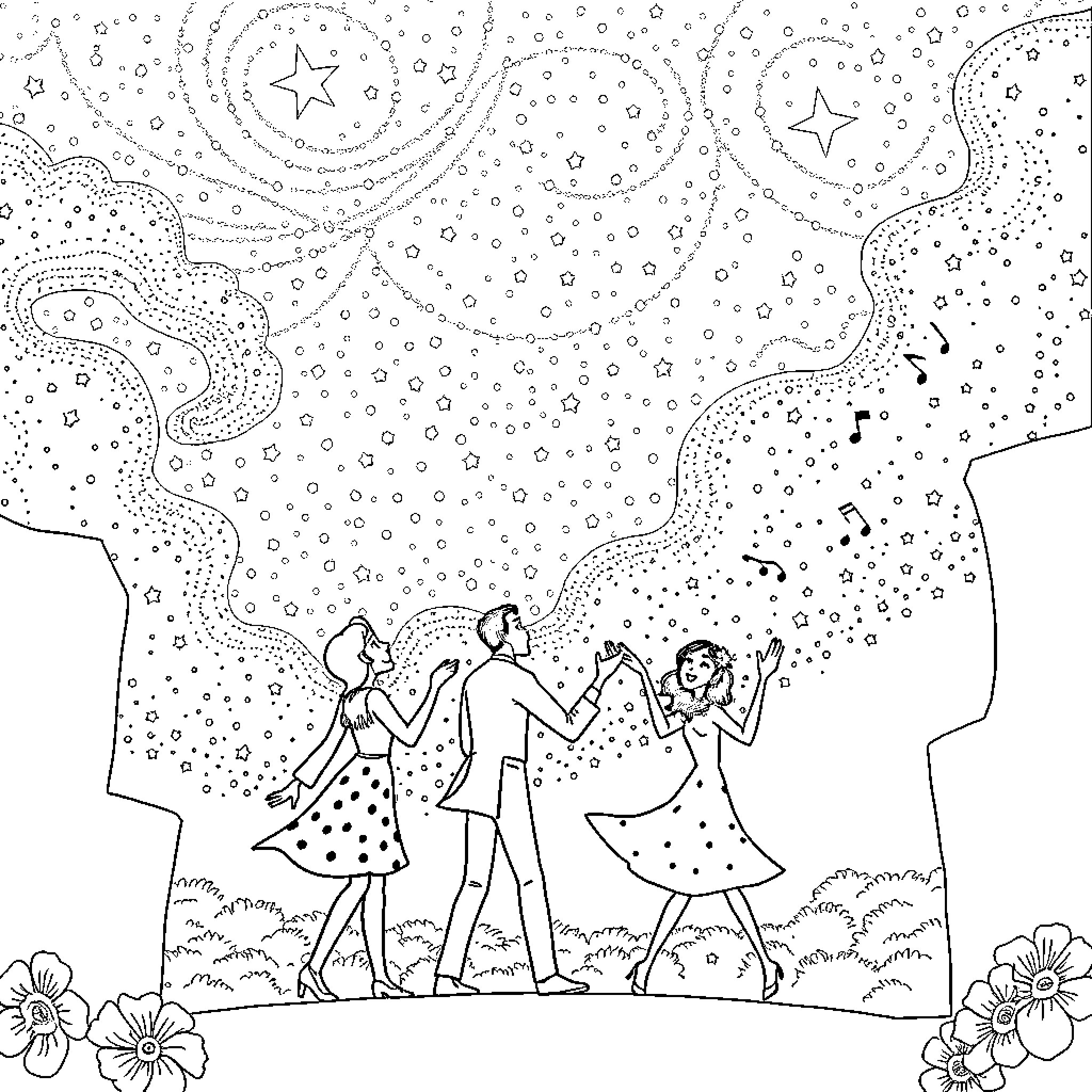 La La Land: Whimsical Starry Night Dance Coloring Page (free black-and-white line drawing printable PDF for all, from beginners to advanced learners, including children, teens, adults, and seniors)