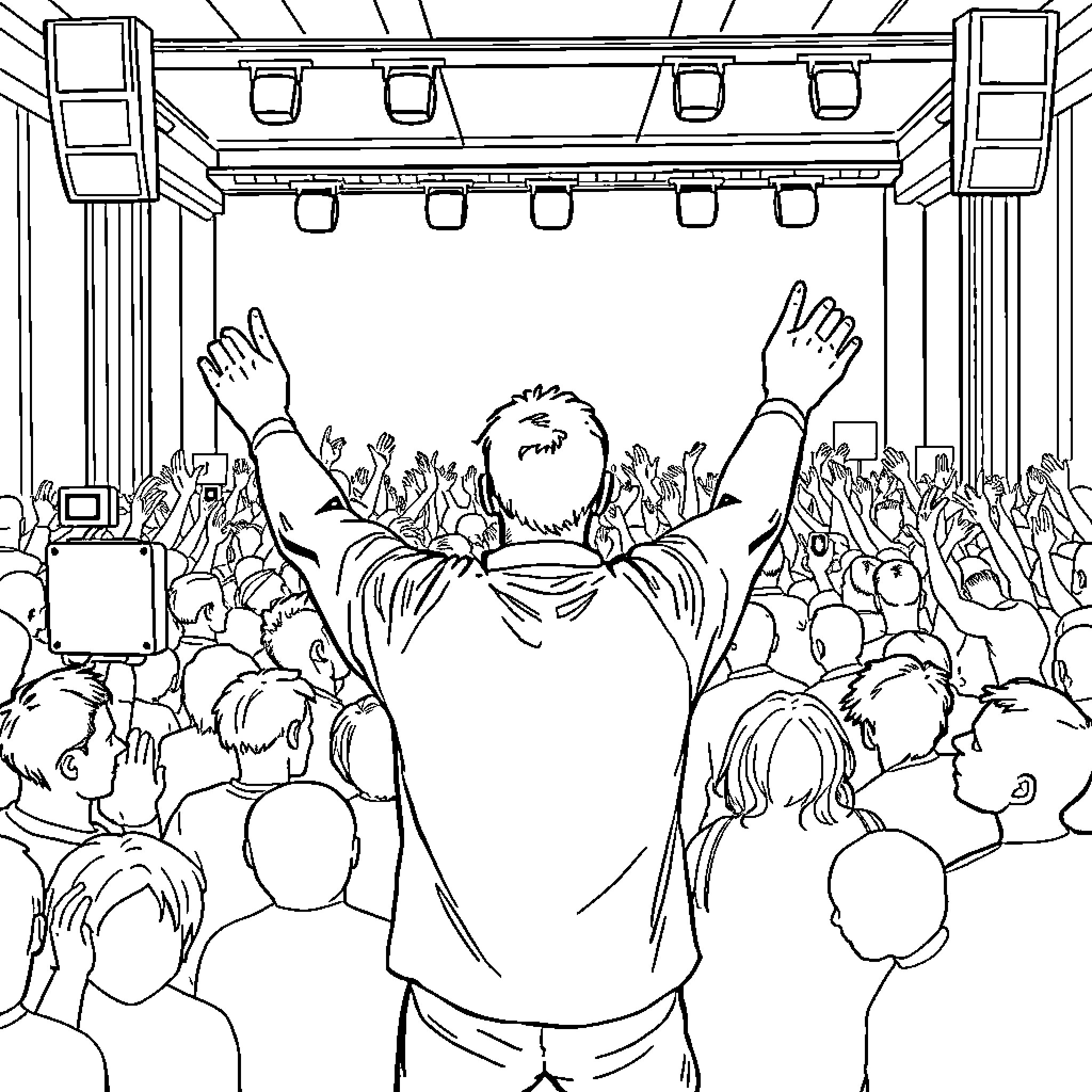 Camera Capturing Performer on Stage with Cheering Crowd Coloring Page (free black-and-white line drawing printable PDF for all, from beginners to advanced learners, including children, teens, adults, and seniors)