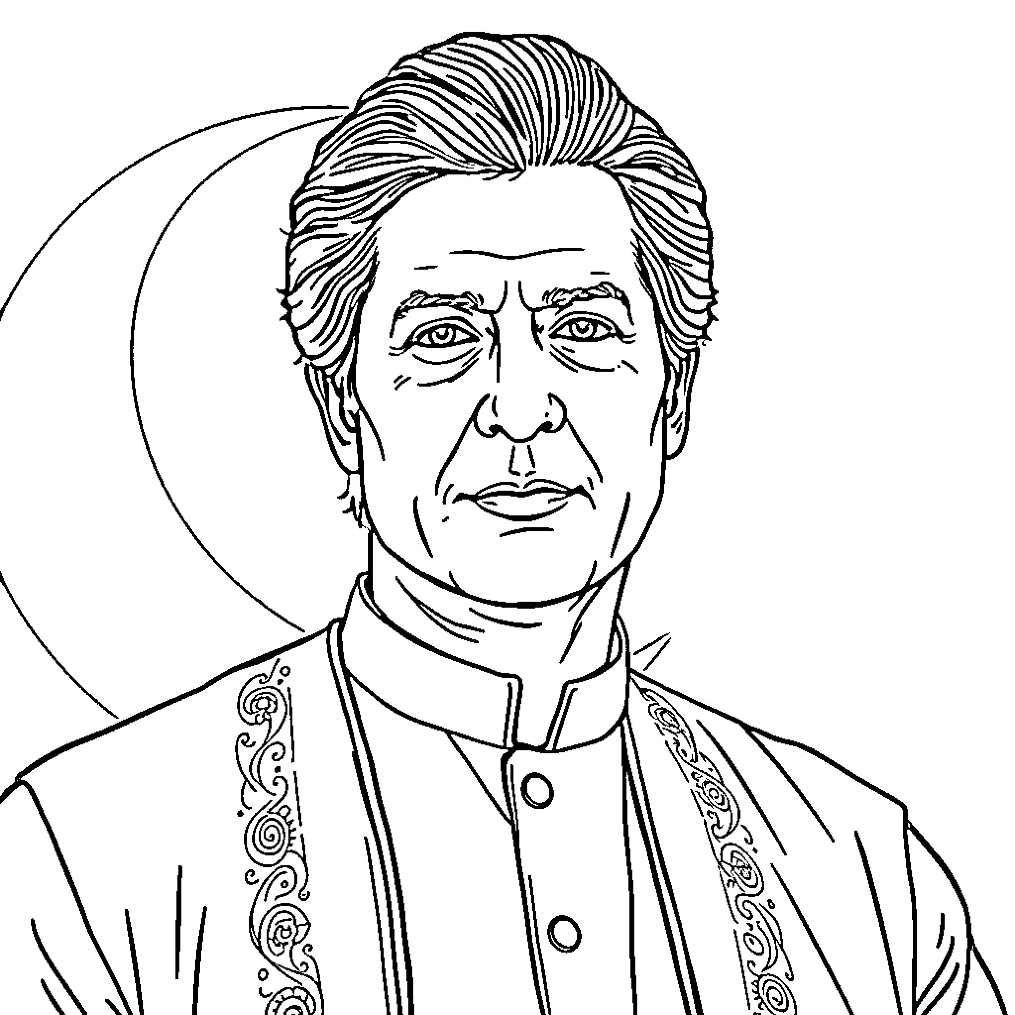 Imran Khan in formal attire with stern expression Coloring Page (free black-and-white line drawing printable PDF for all, from beginners to advanced learners, including children, teens, adults, and seniors)