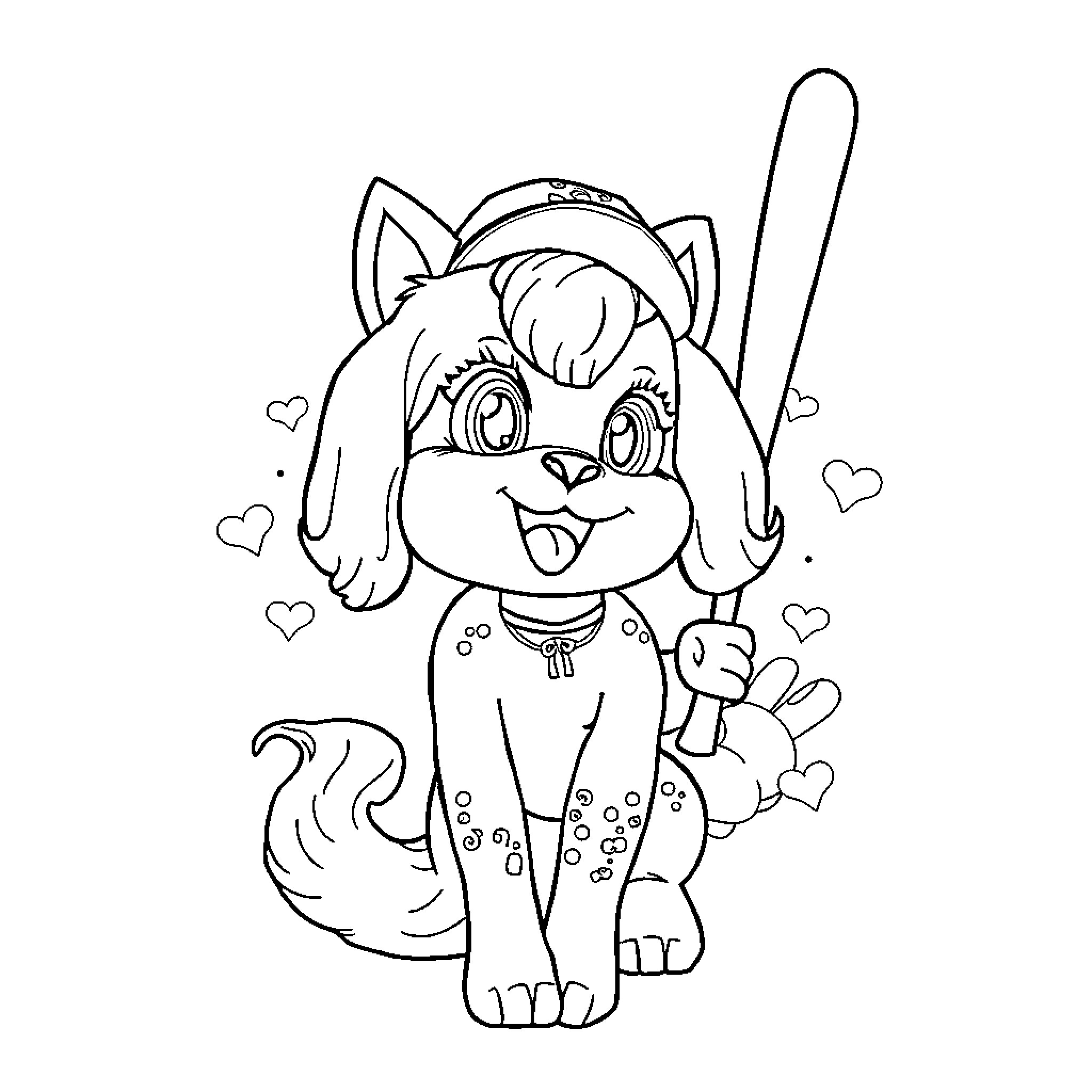 Cici the Playful Pup with Heart Accessories Coloring Page (free black-and-white line drawing printable PDF for all, from beginners to advanced learners, including children, teens, adults, and seniors)