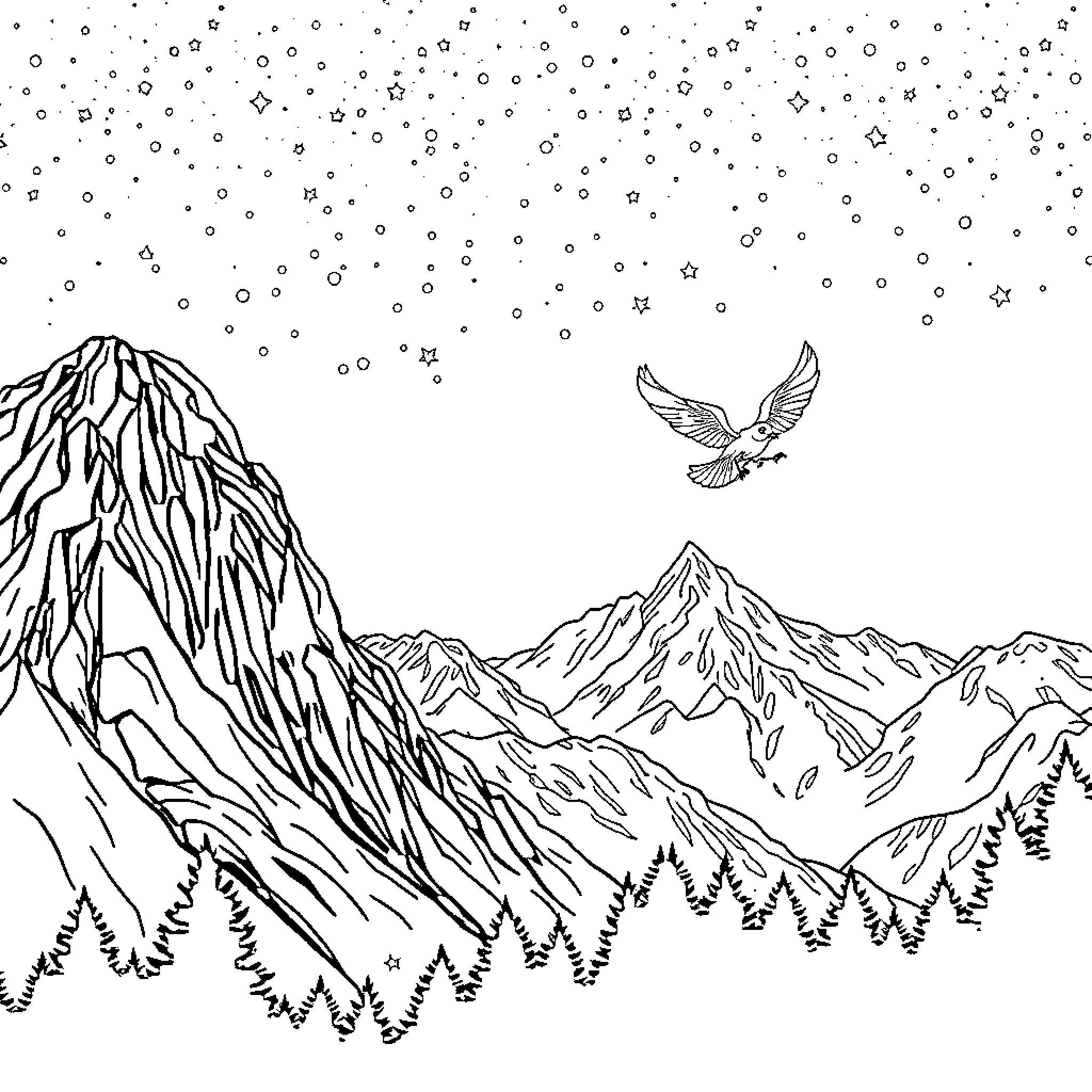 Spirit of the Winged Guardian in the Snowy Mountains Coloring Page (free black-and-white line drawing printable PDF for all, from beginners to advanced learners, including children, teens, adults, and seniors)