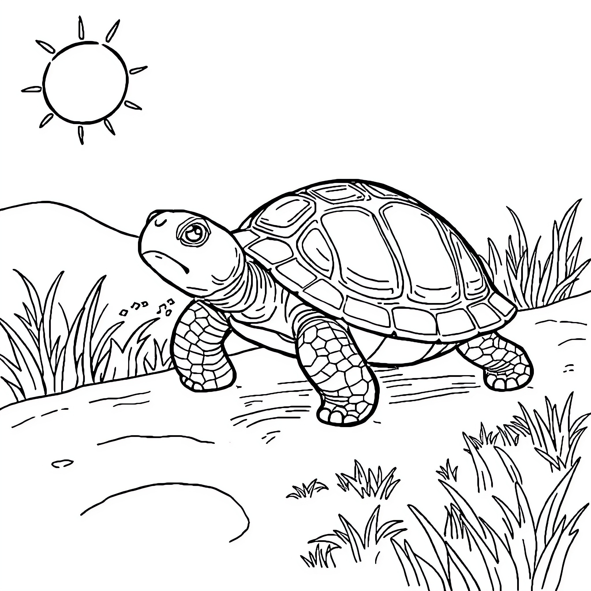 Turtle exploring the sunny outdoors Coloring Page (free black-and-white line drawing printable PDF for all, from beginners to advanced learners, including children, teens, adults, and seniors)