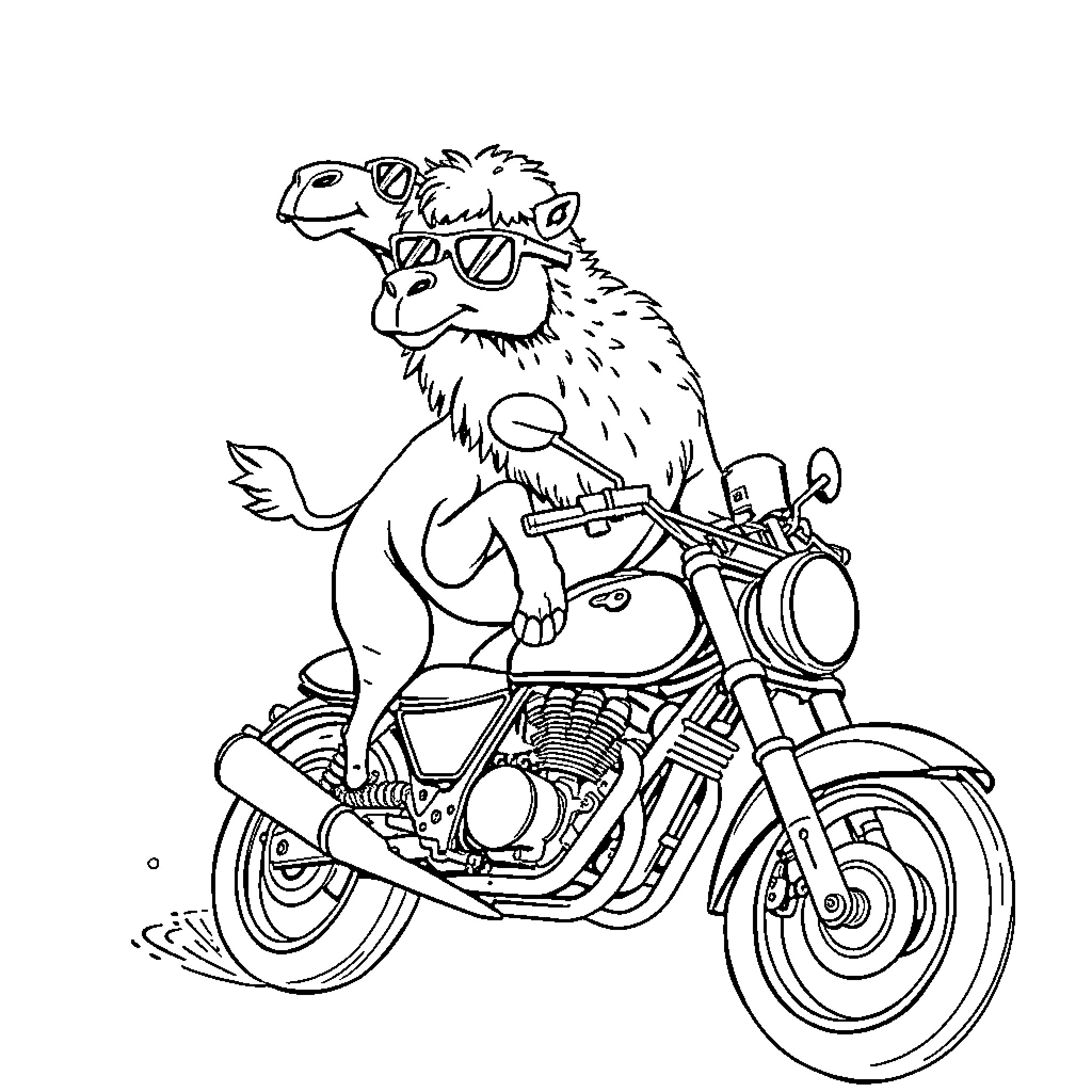 Camel riding a motorcycle Coloring Page (free black-and-white line drawing printable PDF for all, from beginners to advanced learners, including children, teens, adults, and seniors)