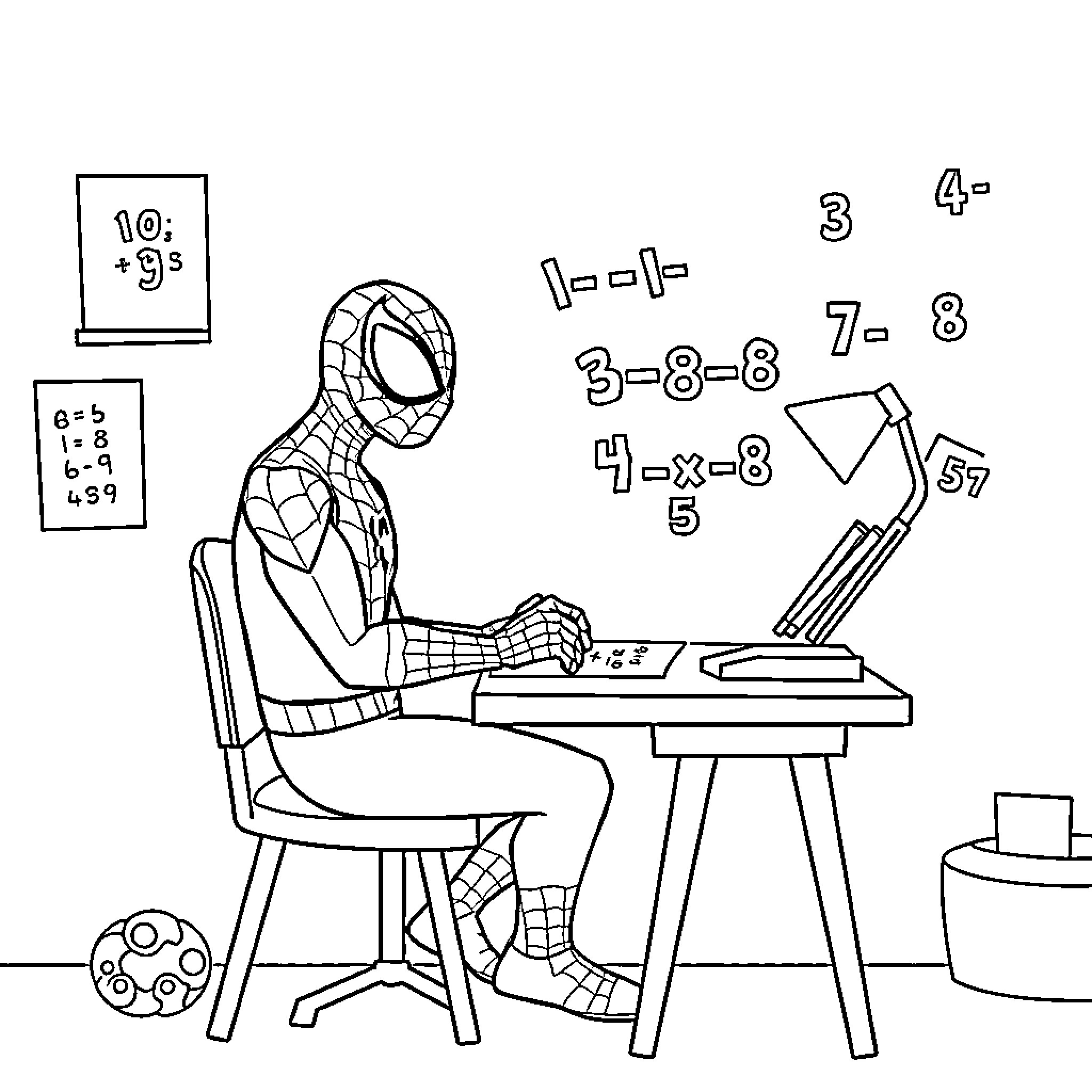 Spiderman Studying Mathematics and Using Computer Coloring Page (free black-and-white line drawing printable PDF for all, from beginners to advanced learners, including children, teens, adults, and seniors)