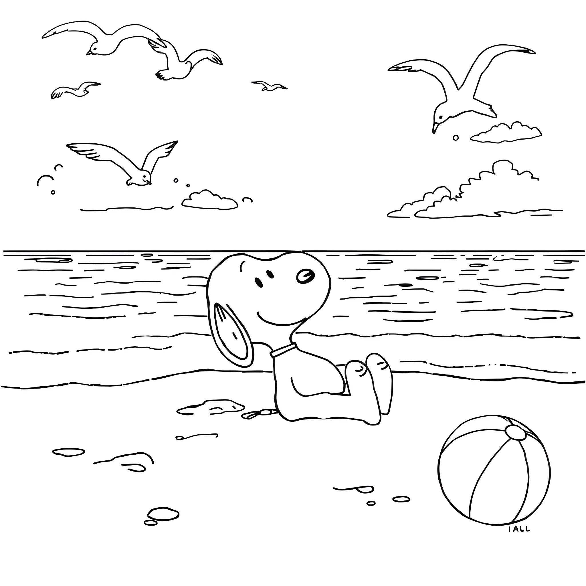 Snoopy relaxing on the beach with seagulls Coloring Page (free black-and-white line drawing printable PDF for all, from beginners to advanced learners, including children, teens, adults, and seniors)
