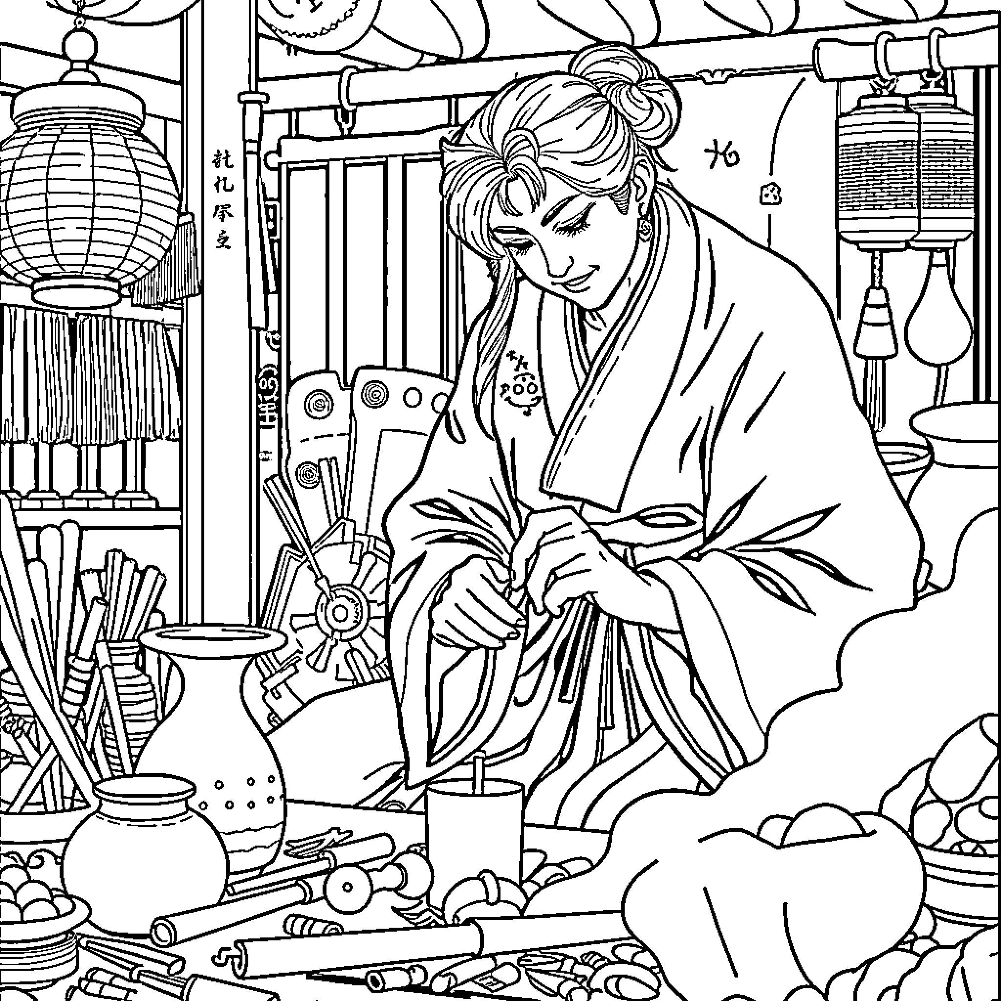 Ryomen Sukuna - Enigmatic Ritual Preparations Coloring Page (free black-and-white line drawing printable PDF for all, from beginners to advanced learners, including children, teens, adults, and seniors)
