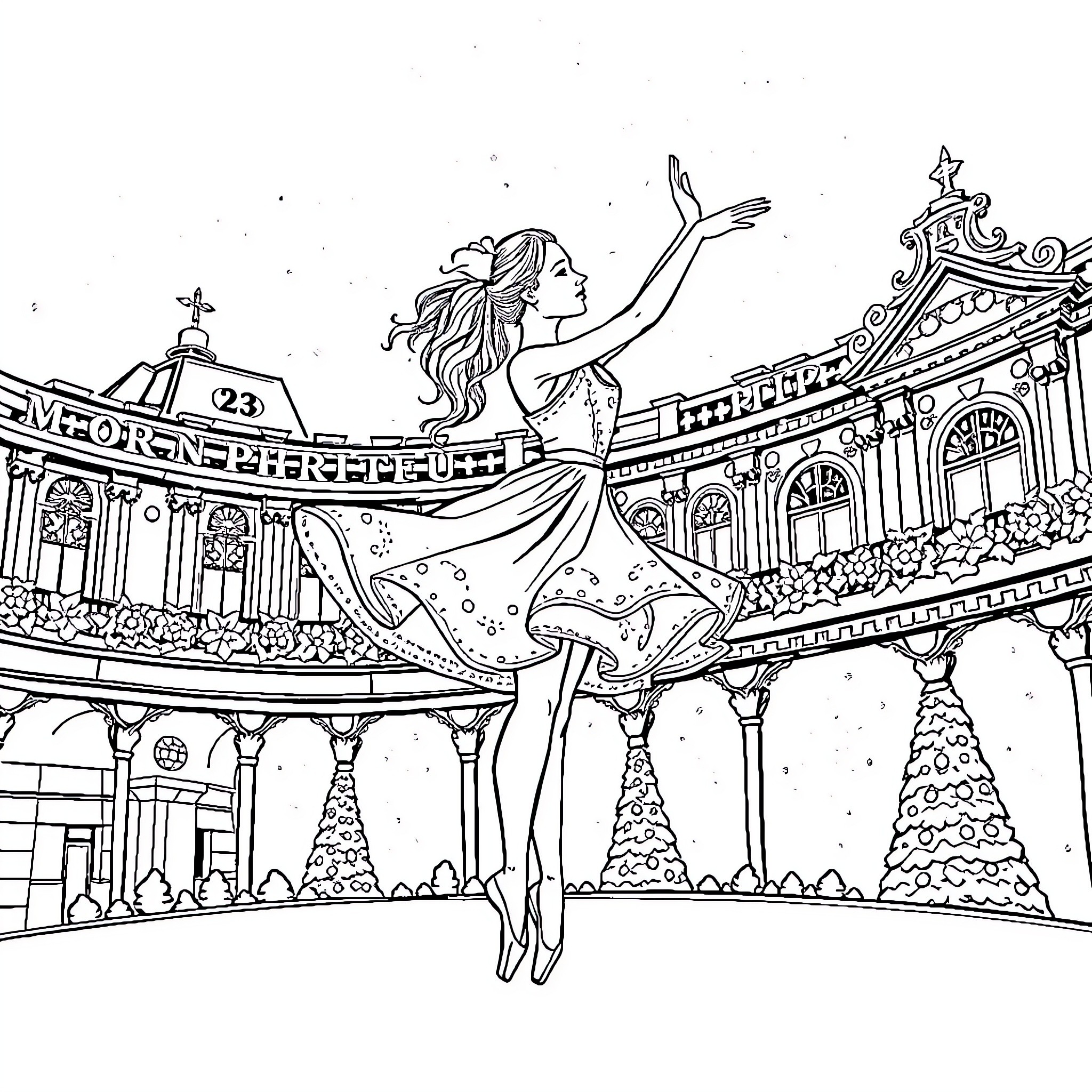 Danseuse performing gracefully in festive winter scene Coloring Page (free black-and-white line drawing printable PDF for all, from beginners to advanced learners, including children, teens, adults, and seniors)