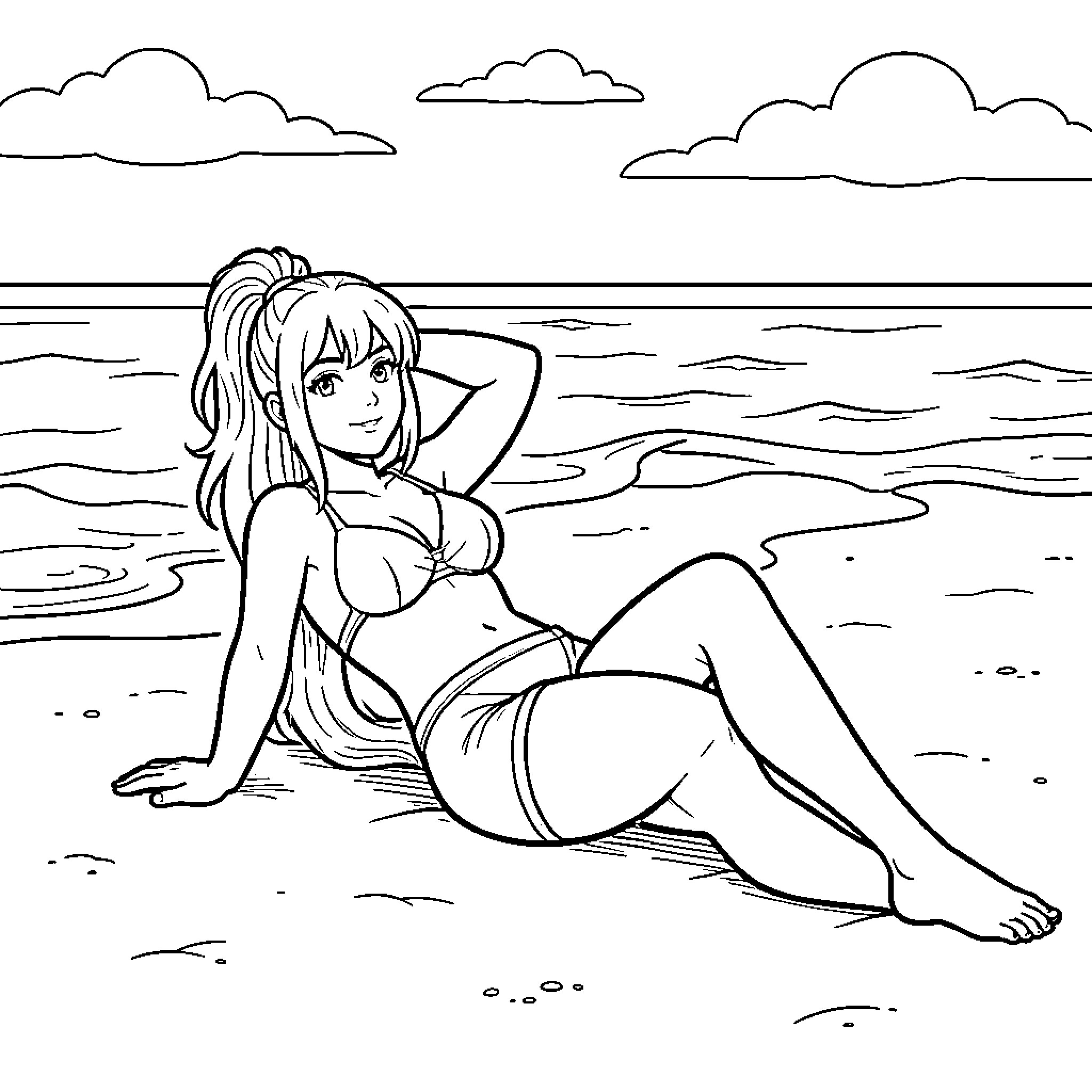 Fuku girl relaxing on the beach in swimwear Coloring Page (free black-and-white line drawing printable PDF for all, from beginners to advanced learners, including children, teens, adults, and seniors)