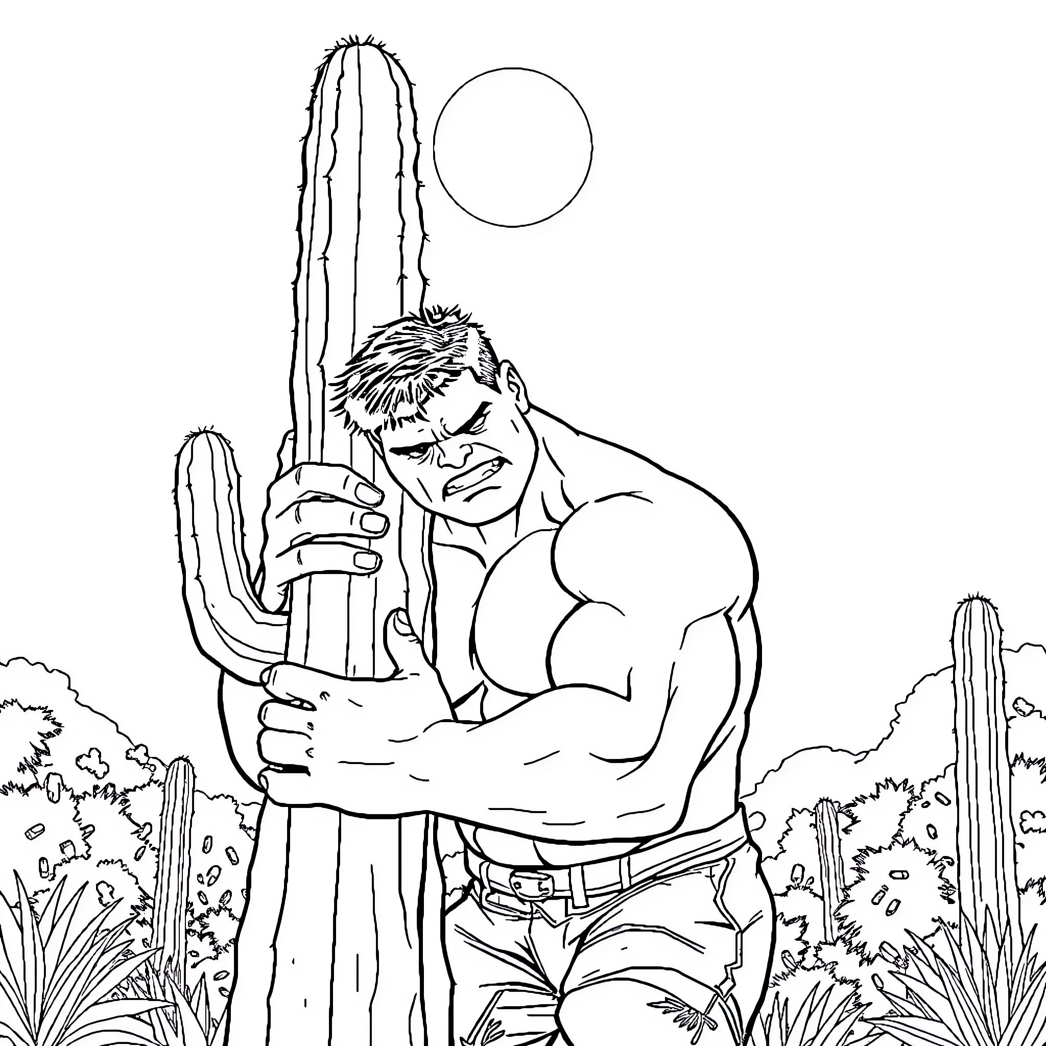 Hulk flexing muscles in desert landscape Coloring Page (free black-and-white line drawing printable PDF for all, from beginners to advanced learners, including children, teens, adults, and seniors)