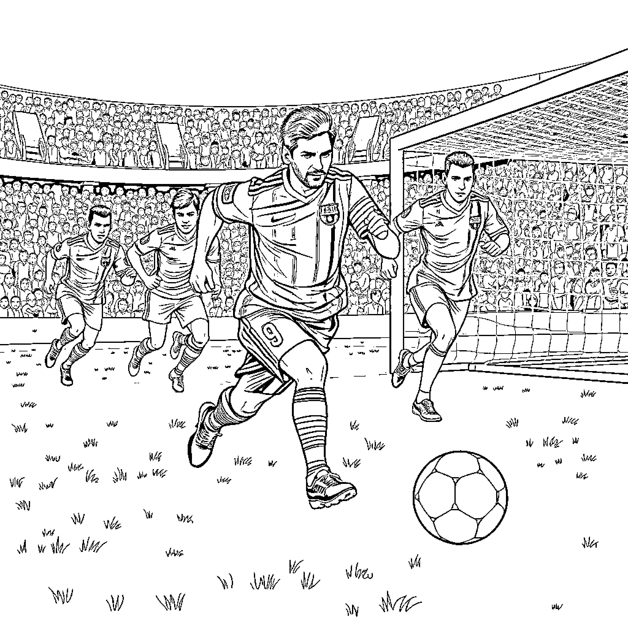 Leo Messi leading his team in an intense football match Coloring Page (free black-and-white line drawing printable PDF for all, from beginners to advanced learners, including children, teens, adults, and seniors)