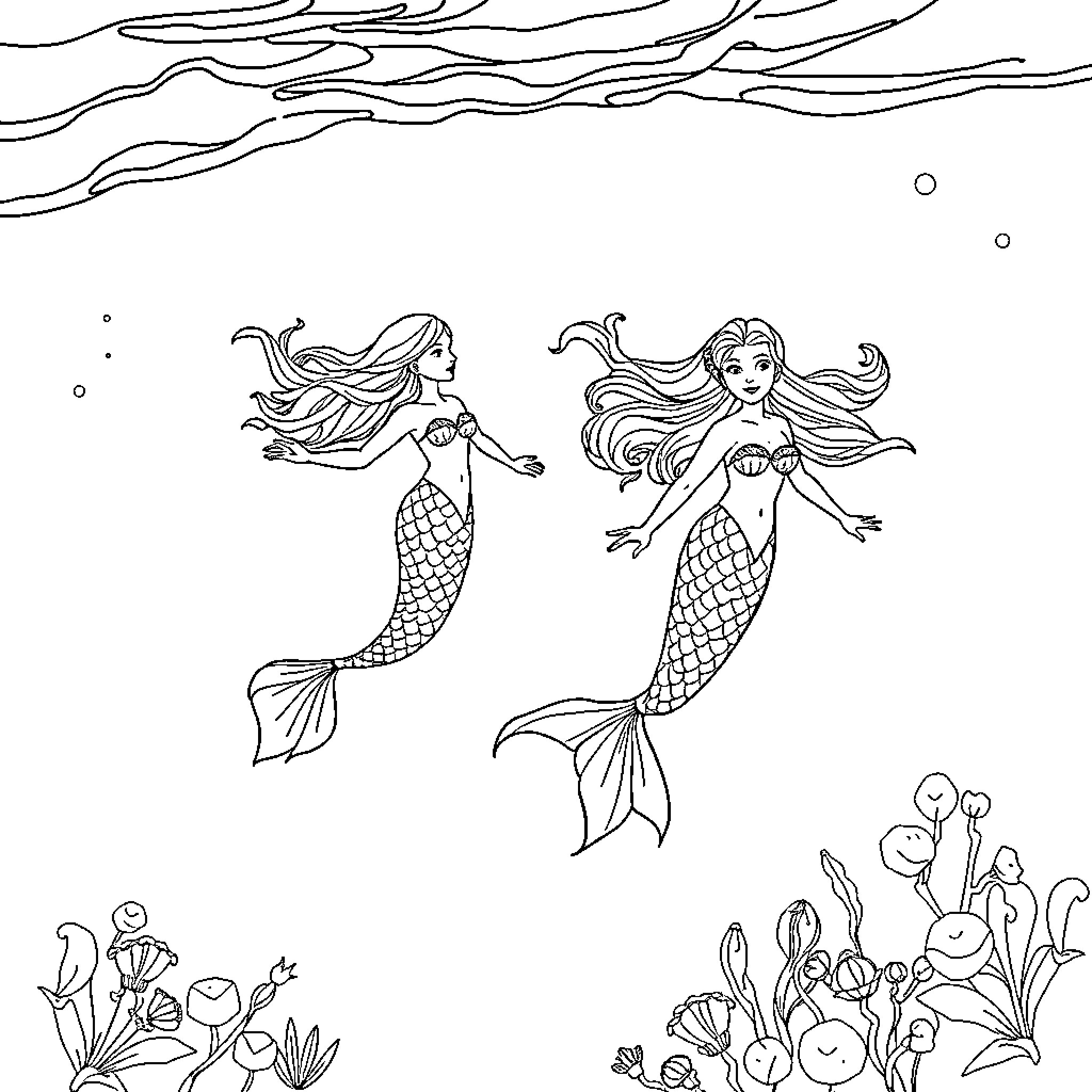 Mermaid friends swimming in the ocean Coloring Page (free black-and-white line drawing printable PDF for all, from beginners to advanced learners, including children, teens, adults, and seniors)