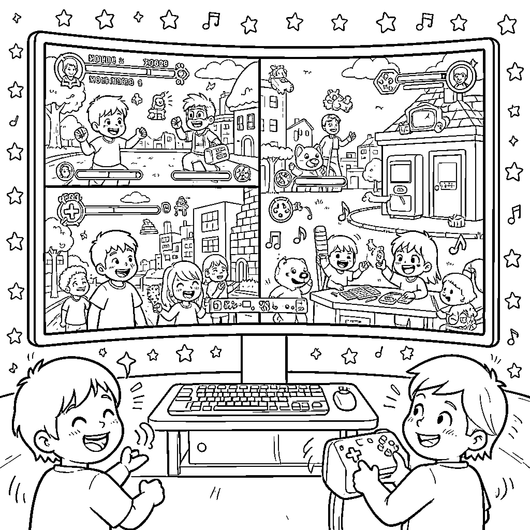 Video Game: Children Playing and Enjoying Virtual World Coloring Page (free black-and-white line drawing printable PDF for all, from beginners to advanced learners, including children, teens, adults, and seniors)