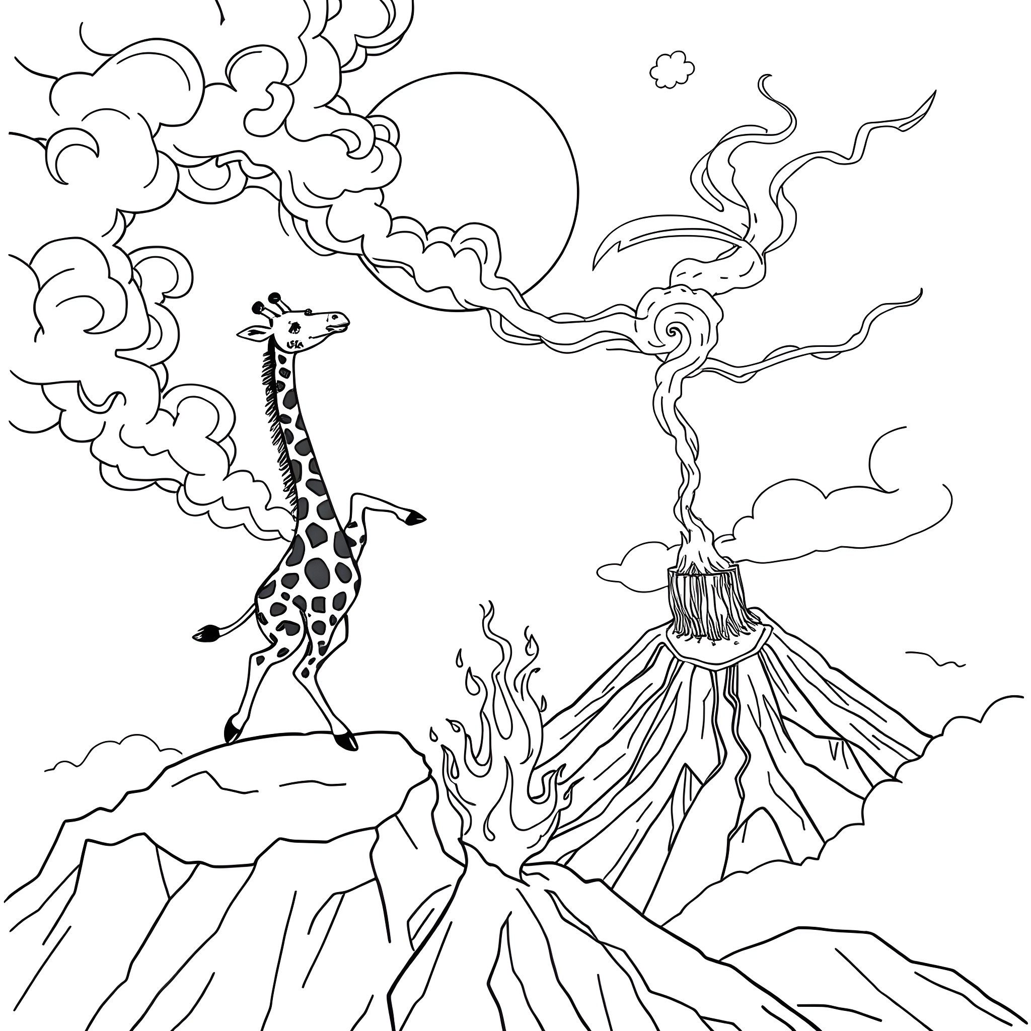 Giraffe gazing at volcanic eruption in the distance Coloring Page (free black-and-white line drawing printable PDF for all, from beginners to advanced learners, including children, teens, adults, and seniors)