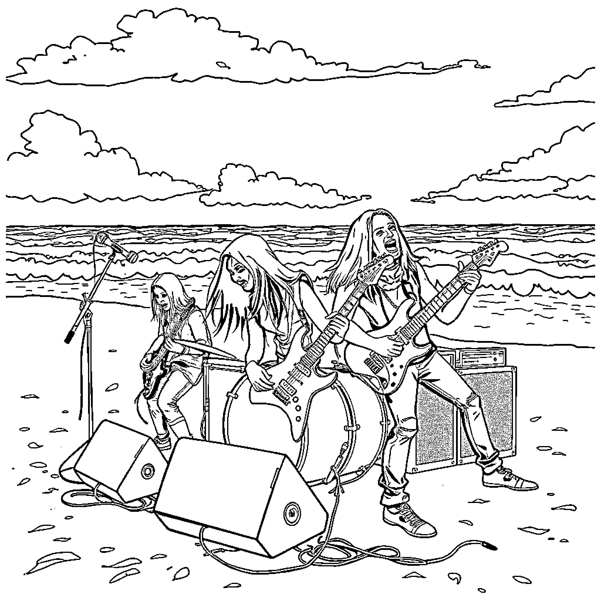Band playing energetically on the beach Coloring Page (free black-and-white line drawing printable PDF for all, from beginners to advanced learners, including children, teens, adults, and seniors)