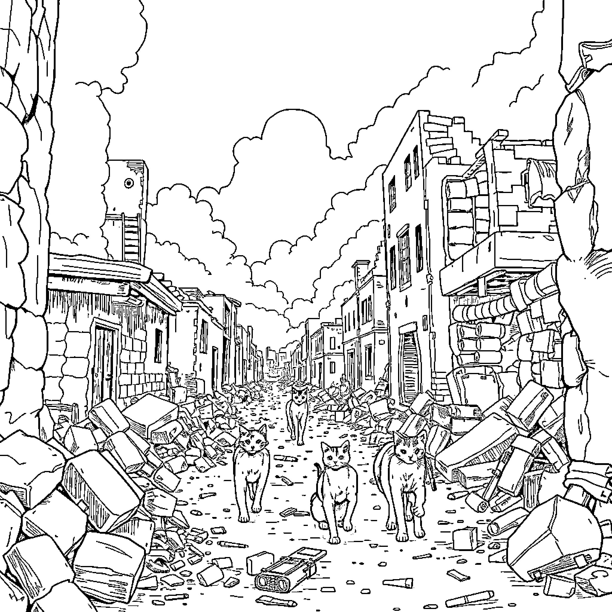 Cats exploring the ruins of a destroyed city Coloring Page (free black-and-white line drawing printable PDF for all, from beginners to advanced learners, including children, teens, adults, and seniors)