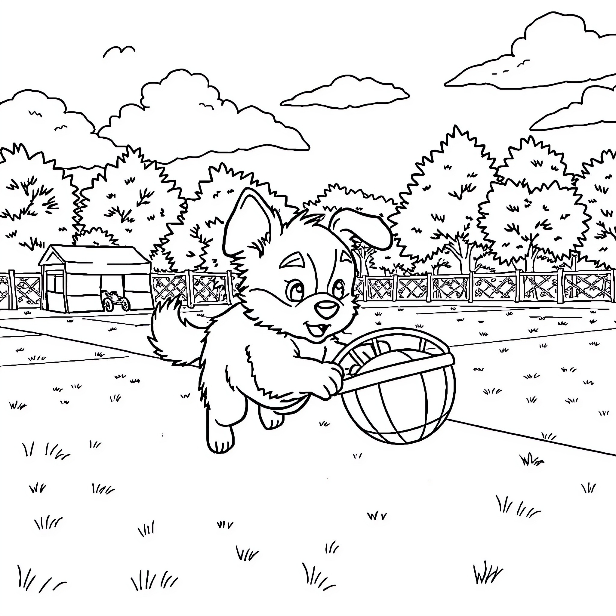 Cinnamonroll playing with a ball in the park Coloring Page (free black-and-white line drawing printable PDF for all, from beginners to advanced learners, including children, teens, adults, and seniors)
