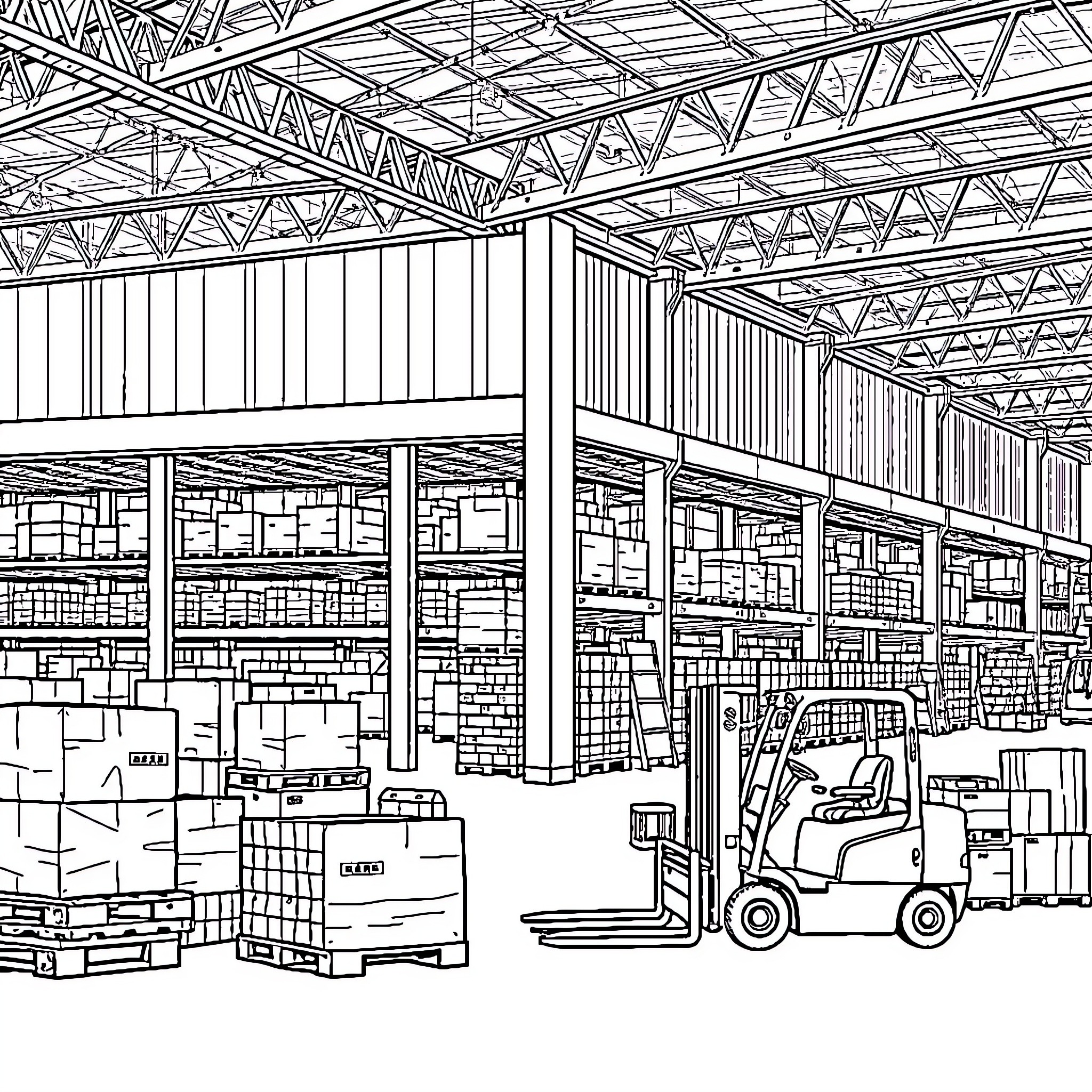 Warehouse with Cargo Handling Equipment and Shelves Coloring Page (free black-and-white line drawing printable PDF for all, from beginners to advanced learners, including children, teens, adults, and seniors)