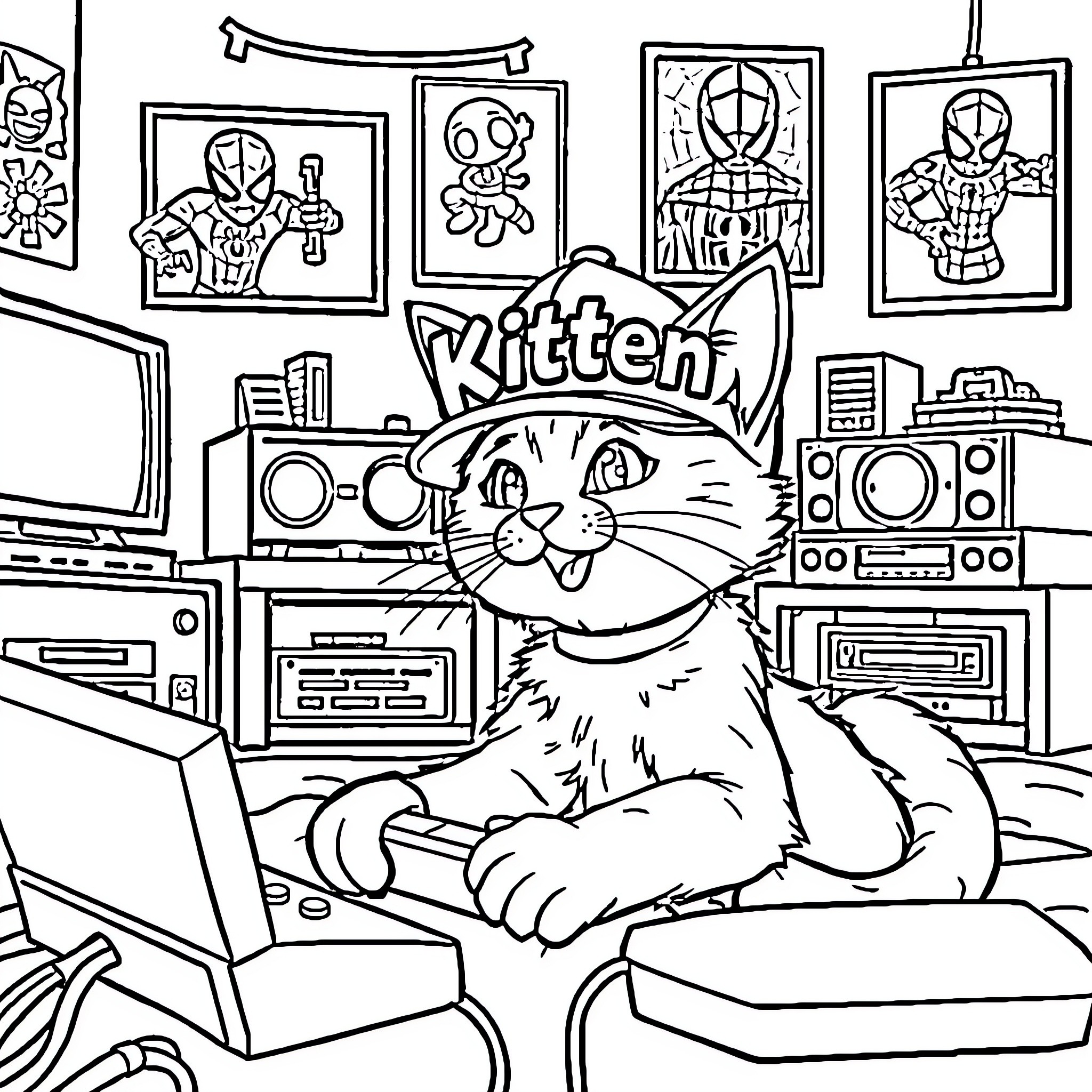 Cat playing in an entertainment room Coloring Page (free black-and-white line drawing printable PDF for all, from beginners to advanced learners, including children, teens, adults, and seniors)