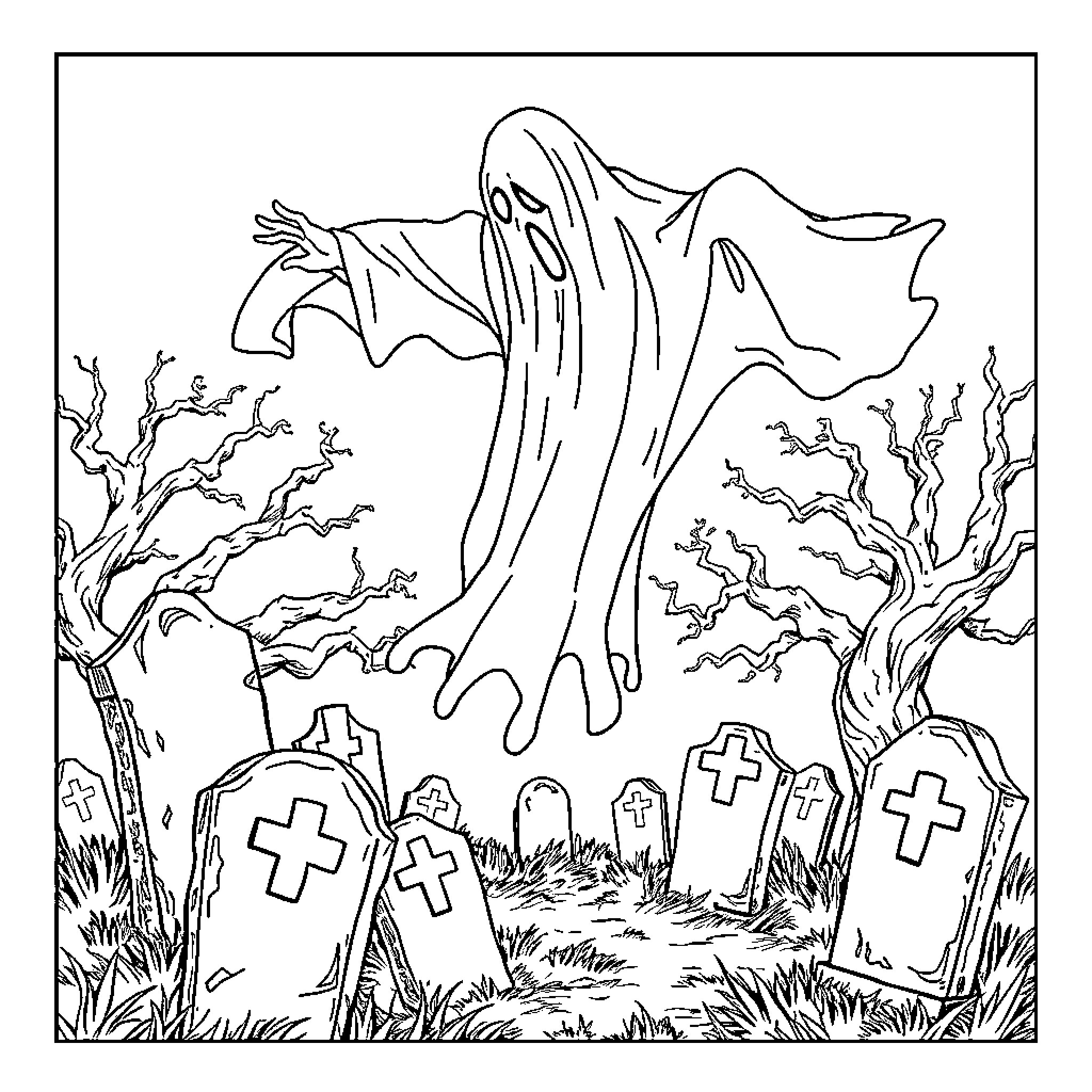 Ghost Emerging from Eerie Graveyard Coloring Page (free black-and-white line drawing printable PDF for all, from beginners to advanced learners, including children, teens, adults, and seniors)