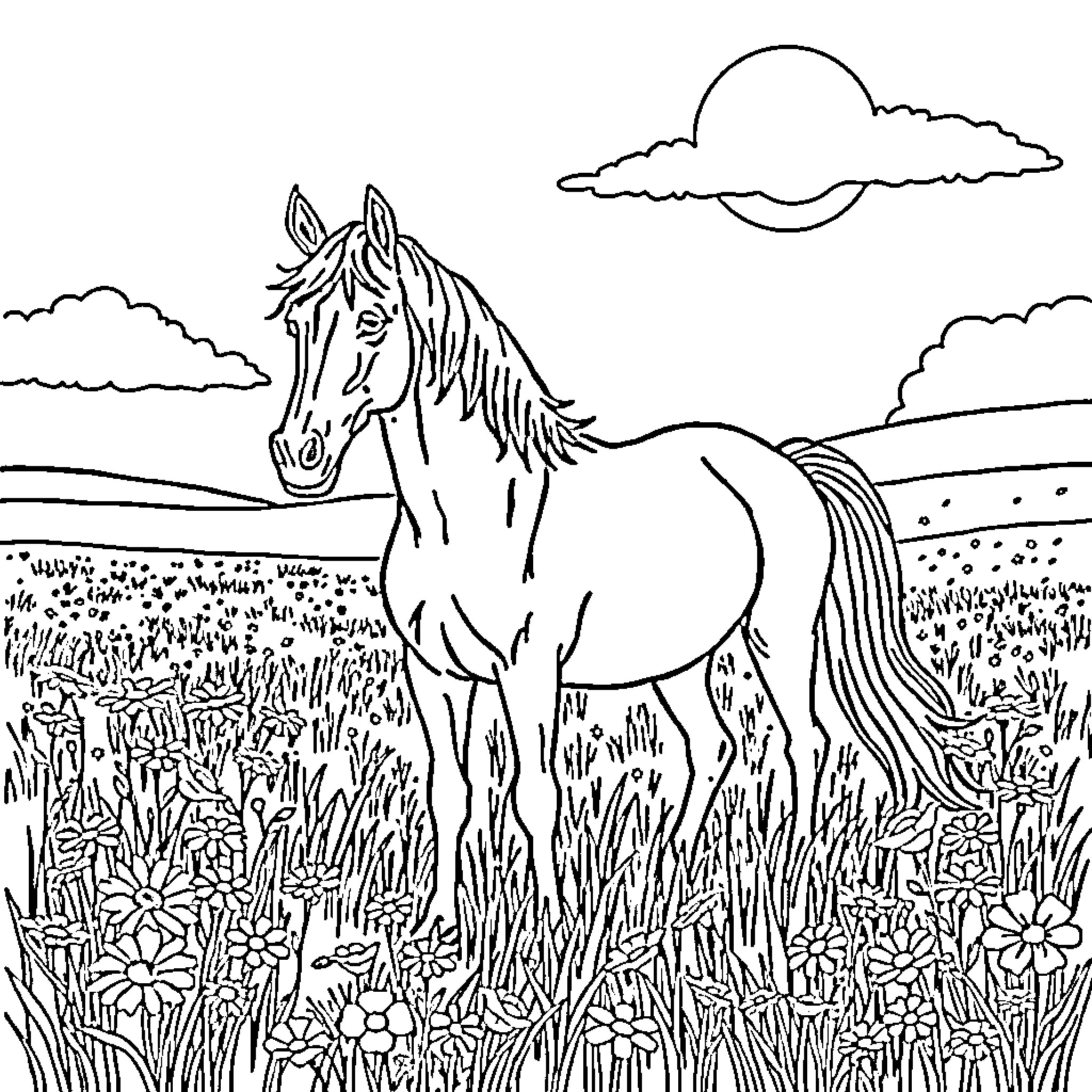 Horse standing amidst blooming flowers in a meadow Coloring Page (free black-and-white line drawing printable PDF for all, from beginners to advanced learners, including children, teens, adults, and seniors)
