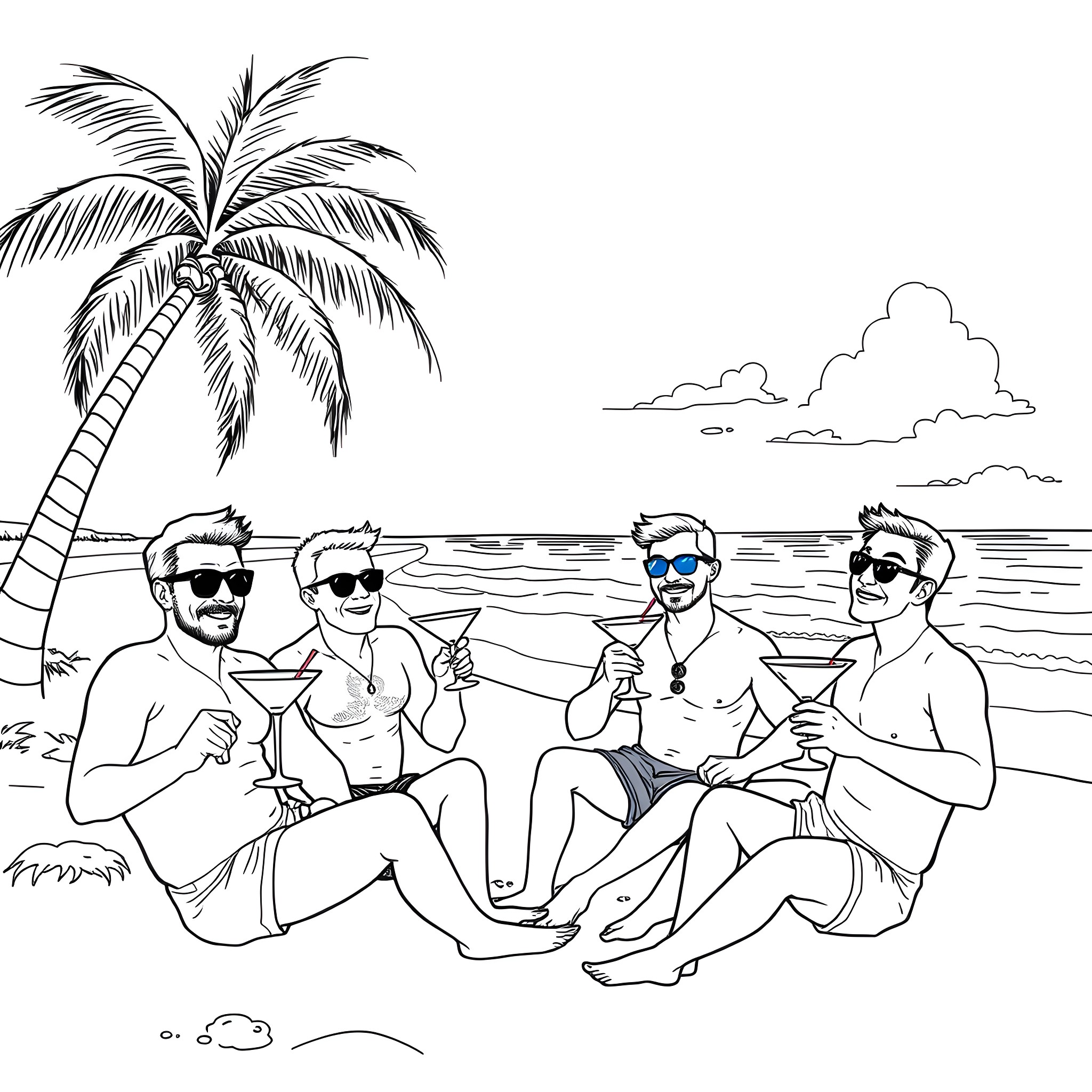 Martini Time at the Beach Coloring Page (free black-and-white line drawing printable PDF for all, from beginners to advanced learners, including children, teens, adults, and seniors)