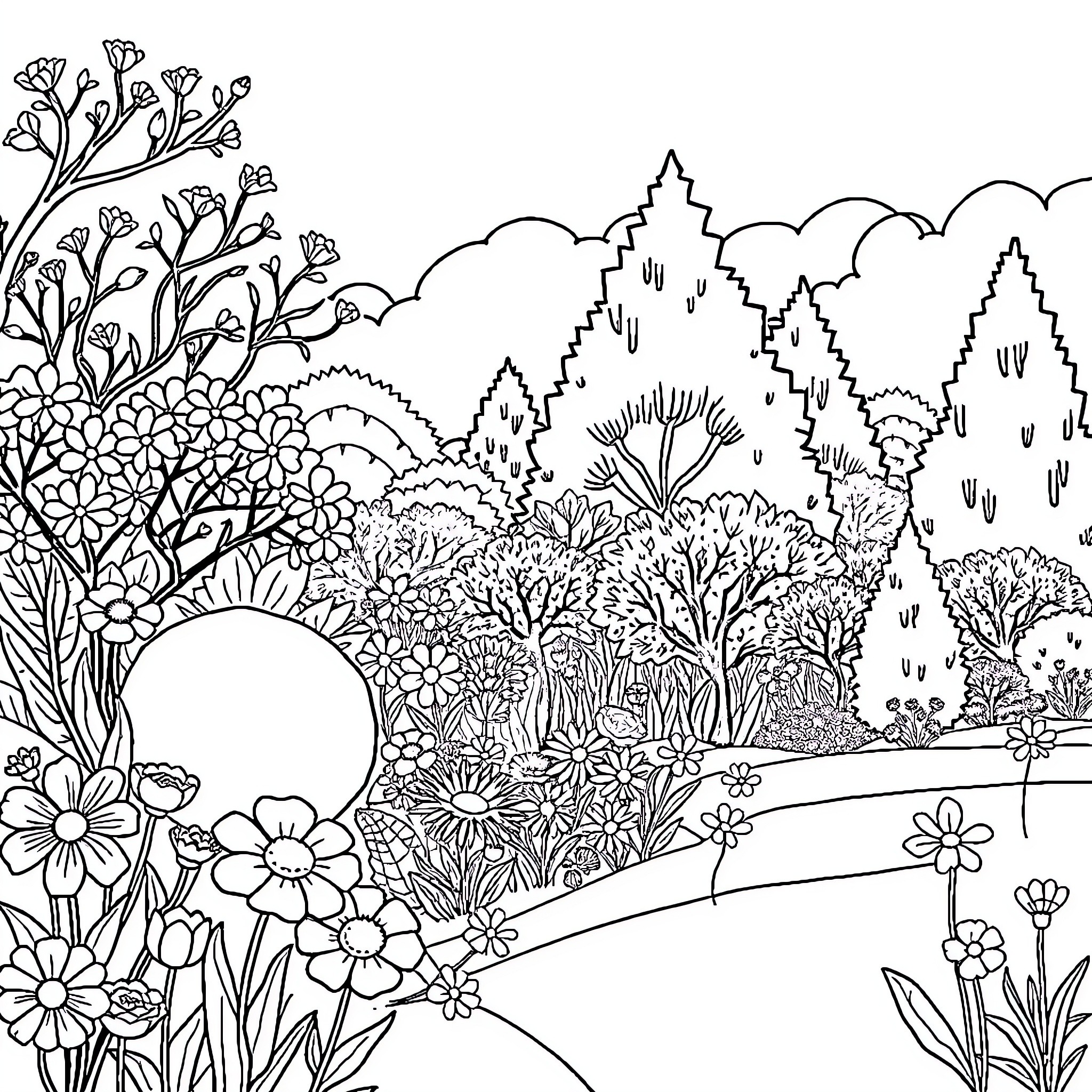 Spring Landscape with Blooming Flowers and Trees Coloring Page (free black-and-white line drawing printable PDF for all, from beginners to advanced learners, including children, teens, adults, and seniors)