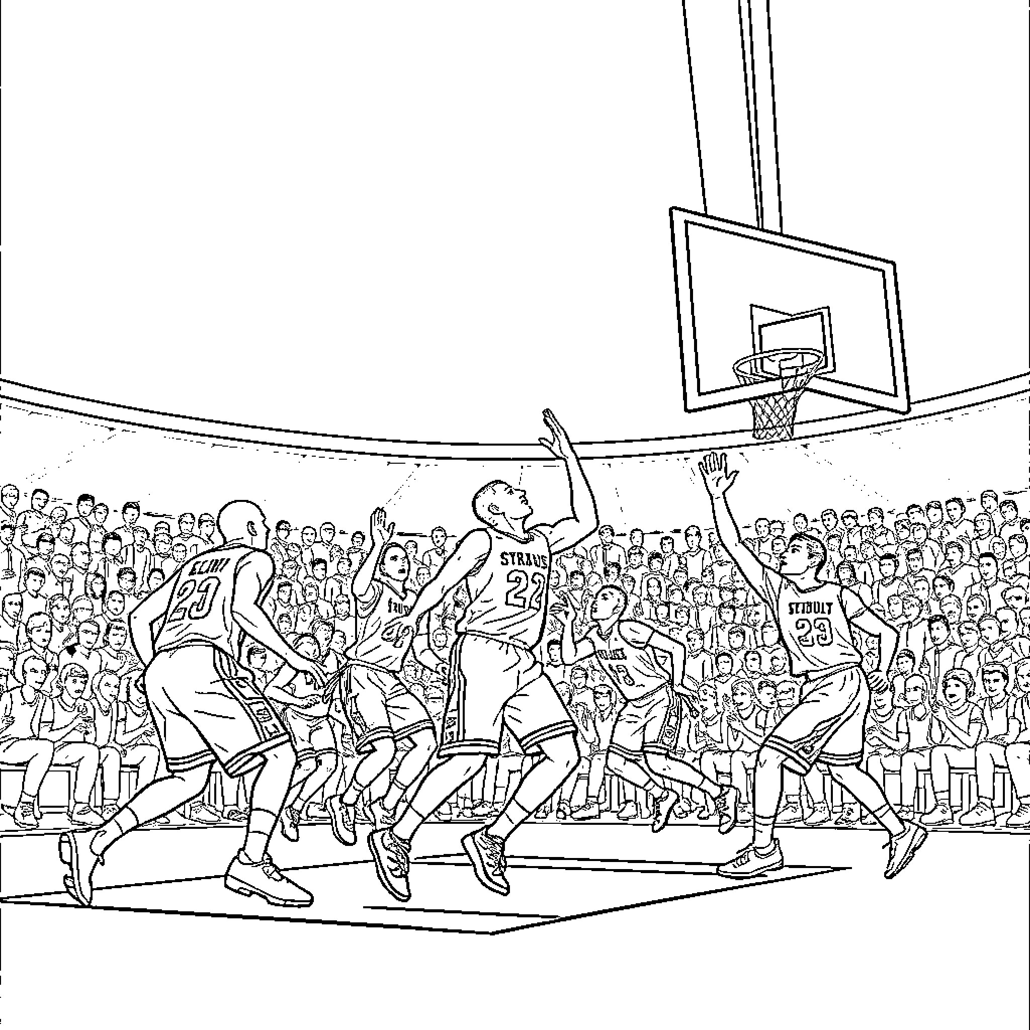 Basketball players in heated competition on court Coloring Page (free black-and-white line drawing printable PDF for all, from beginners to advanced learners, including children, teens, adults, and seniors)