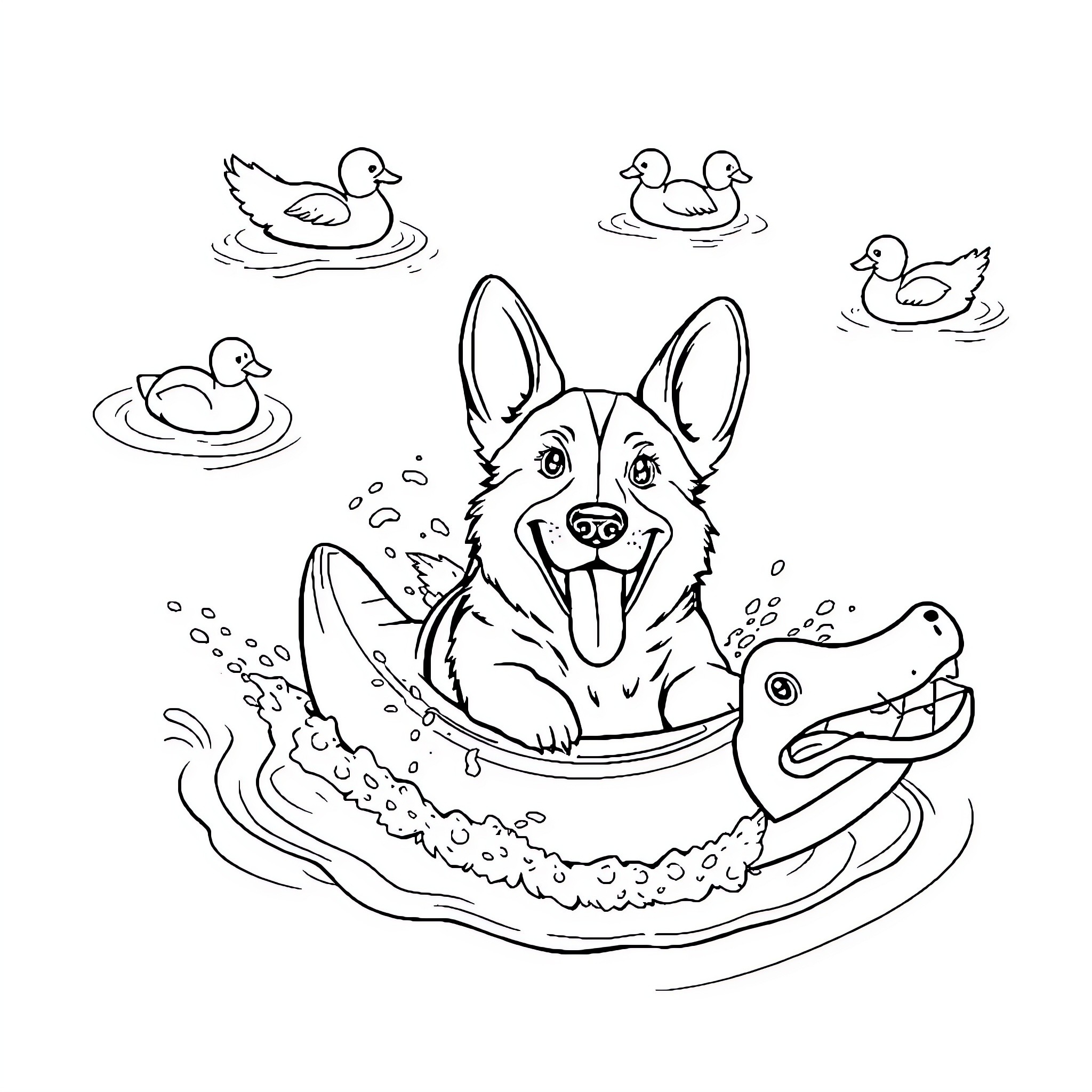 Corgi splashing joyfully in the water with ducklings Coloring Page (free black-and-white line drawing printable PDF for all, from beginners to advanced learners, including children, teens, adults, and seniors)