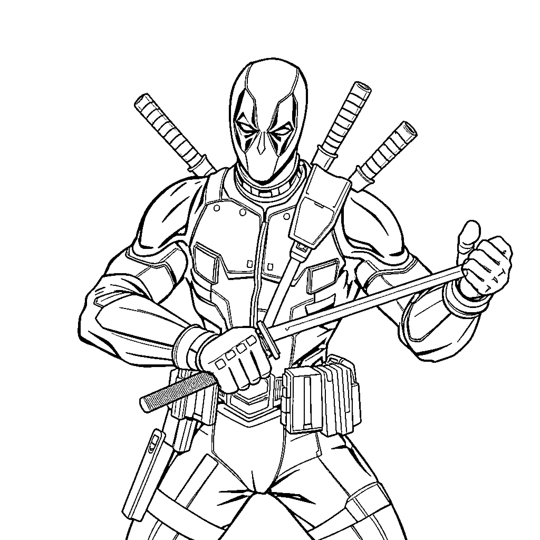 Deadpool wielding his signature weapons with determination Coloring Page (free black-and-white line drawing printable PDF for all, from beginners to advanced learners, including children, teens, adults, and seniors)
