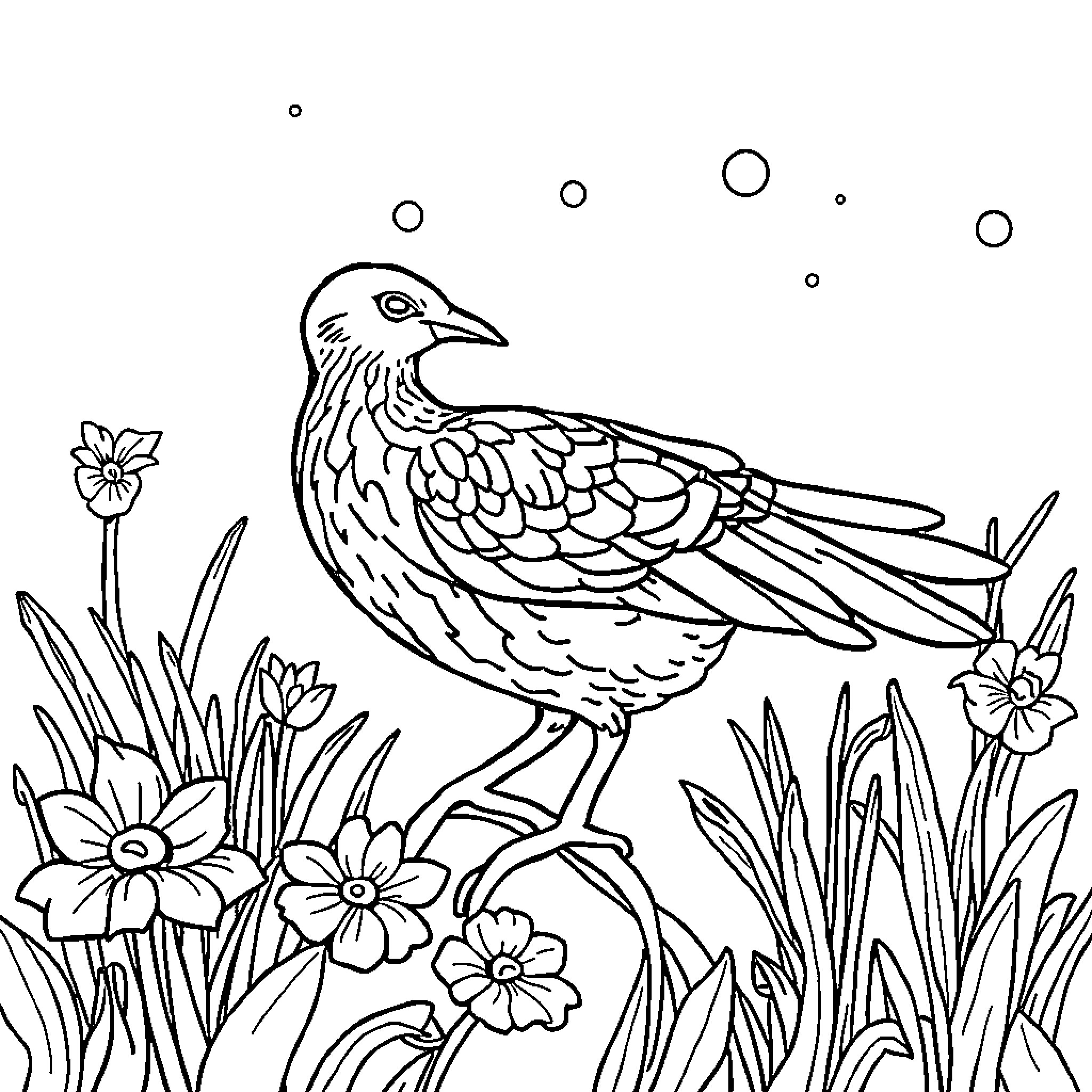 Microprocessor with avian companion amidst floral elements Coloring Page (free black-and-white line drawing printable PDF for all, from beginners to advanced learners, including children, teens, adults, and seniors)