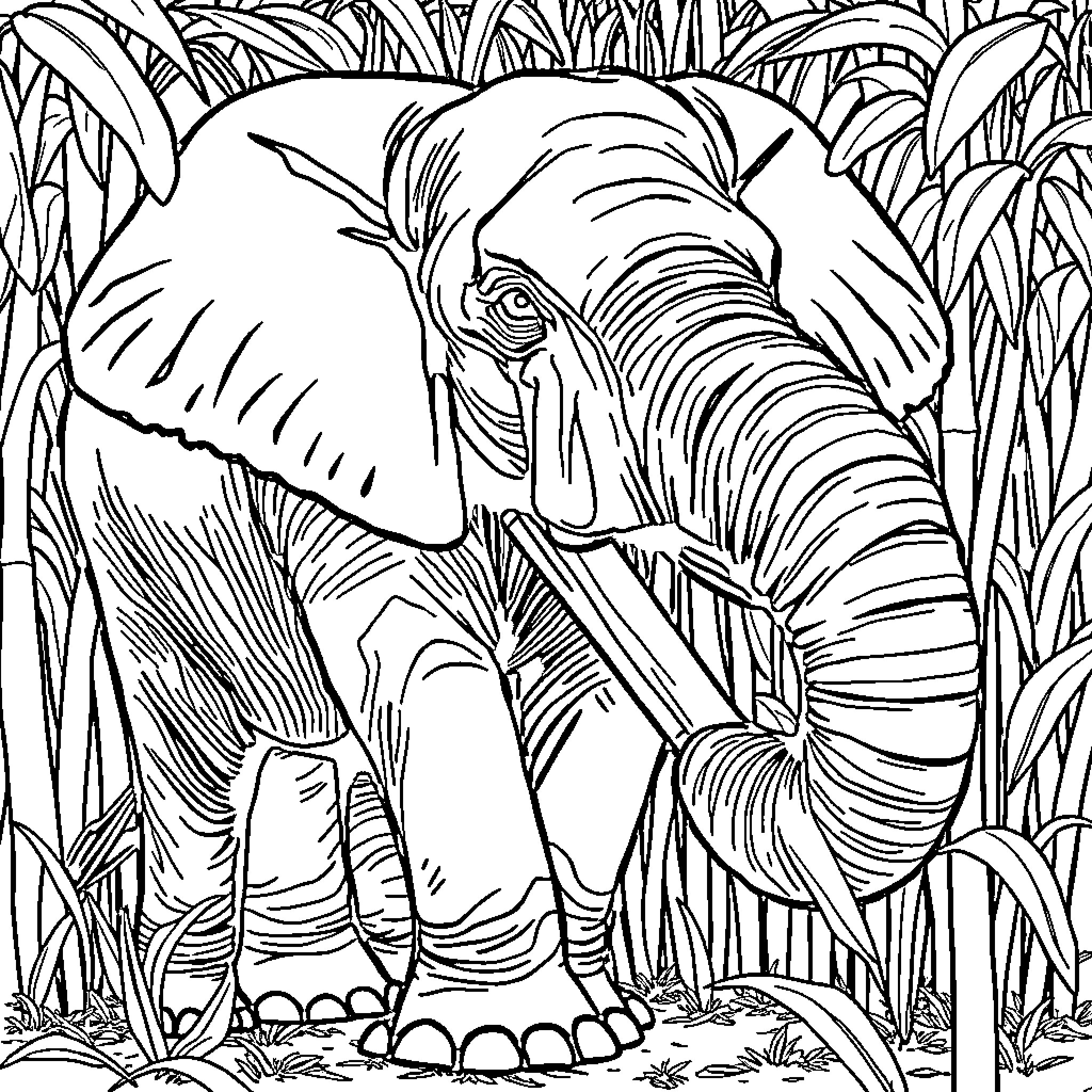 Elephant in the Wilderness Coloring Page (free black-and-white line drawing printable PDF for all, from beginners to advanced learners, including children, teens, adults, and seniors)