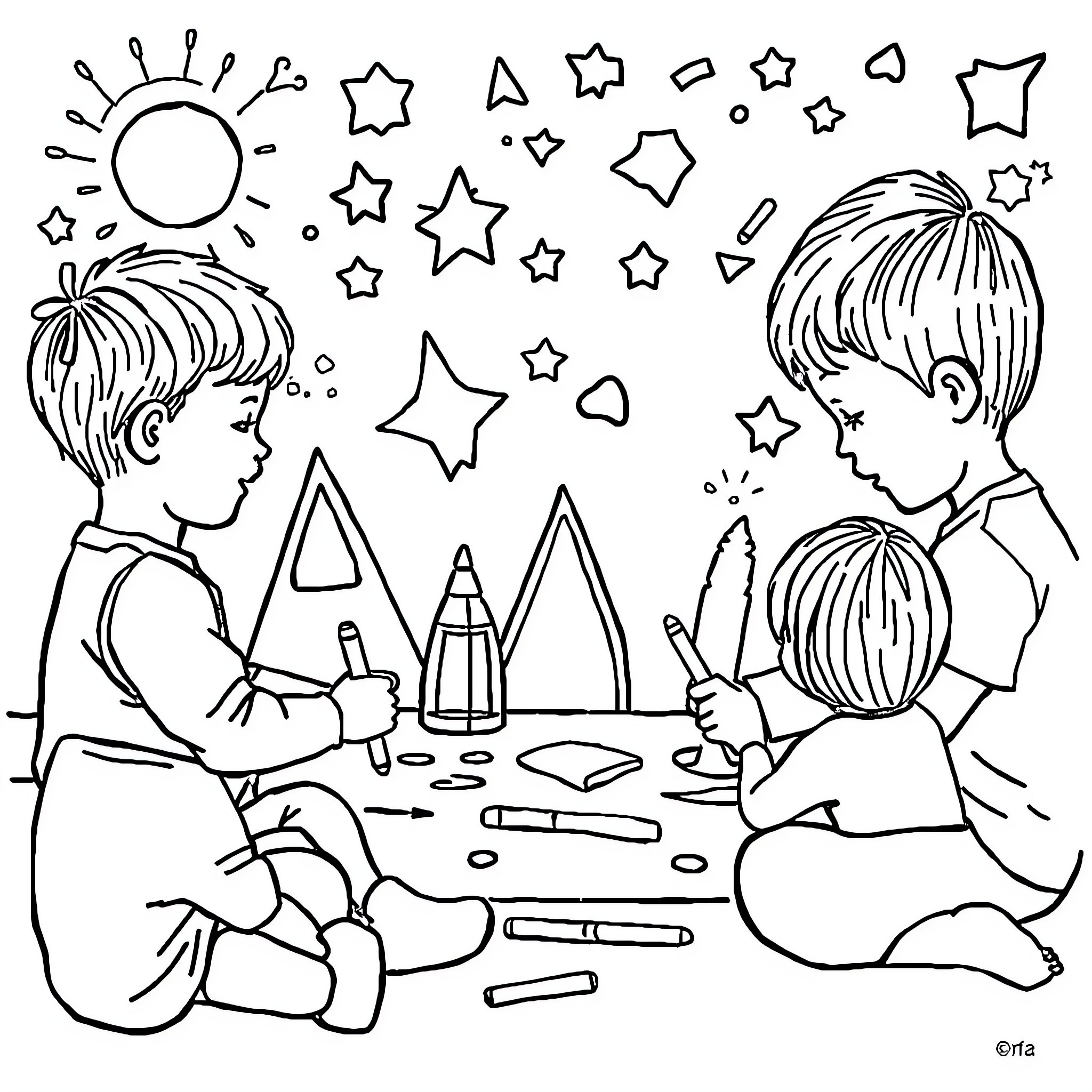Shape of young friends creating together Coloring Page (free black-and-white line drawing printable PDF for all, from beginners to advanced learners, including children, teens, adults, and seniors)