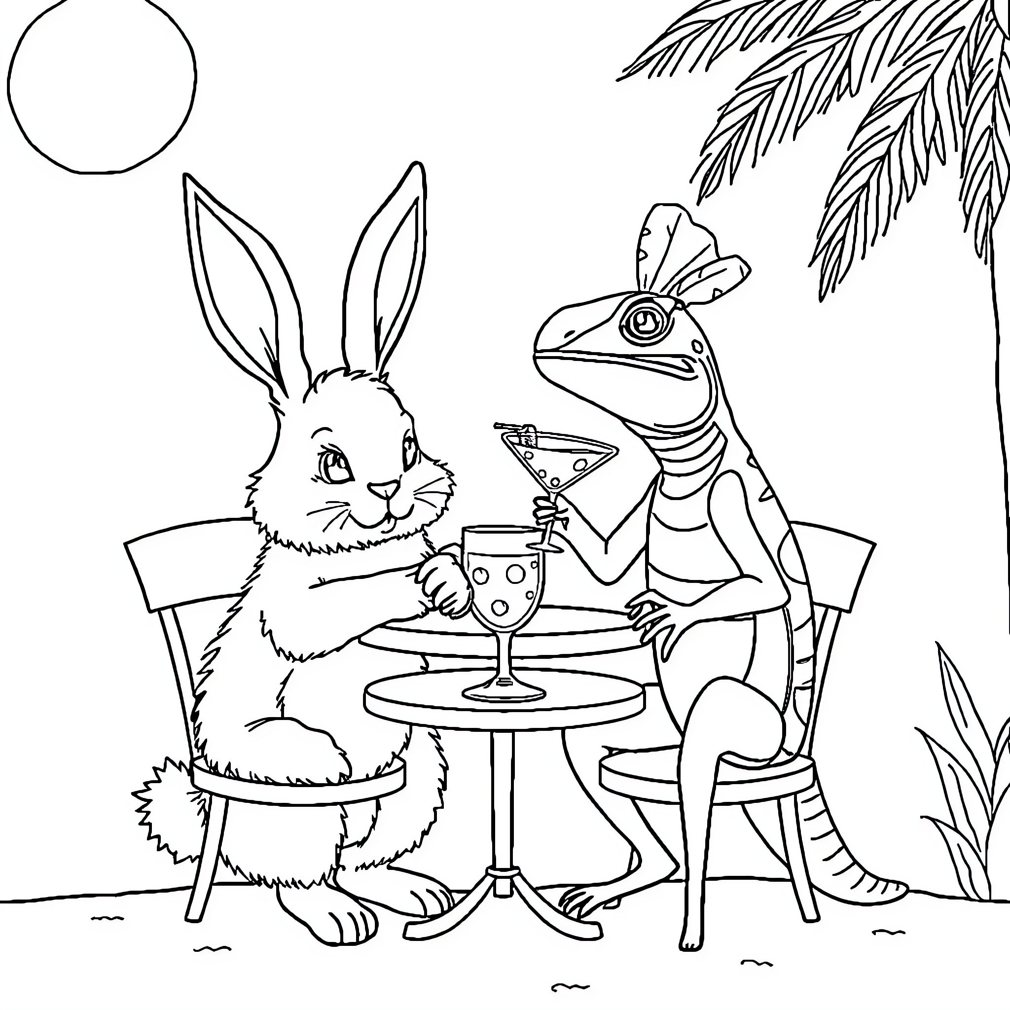 Rabbit and lizard enjoying drinks together Coloring Page (free black-and-white line drawing printable PDF for all, from beginners to advanced learners, including children, teens, adults, and seniors)