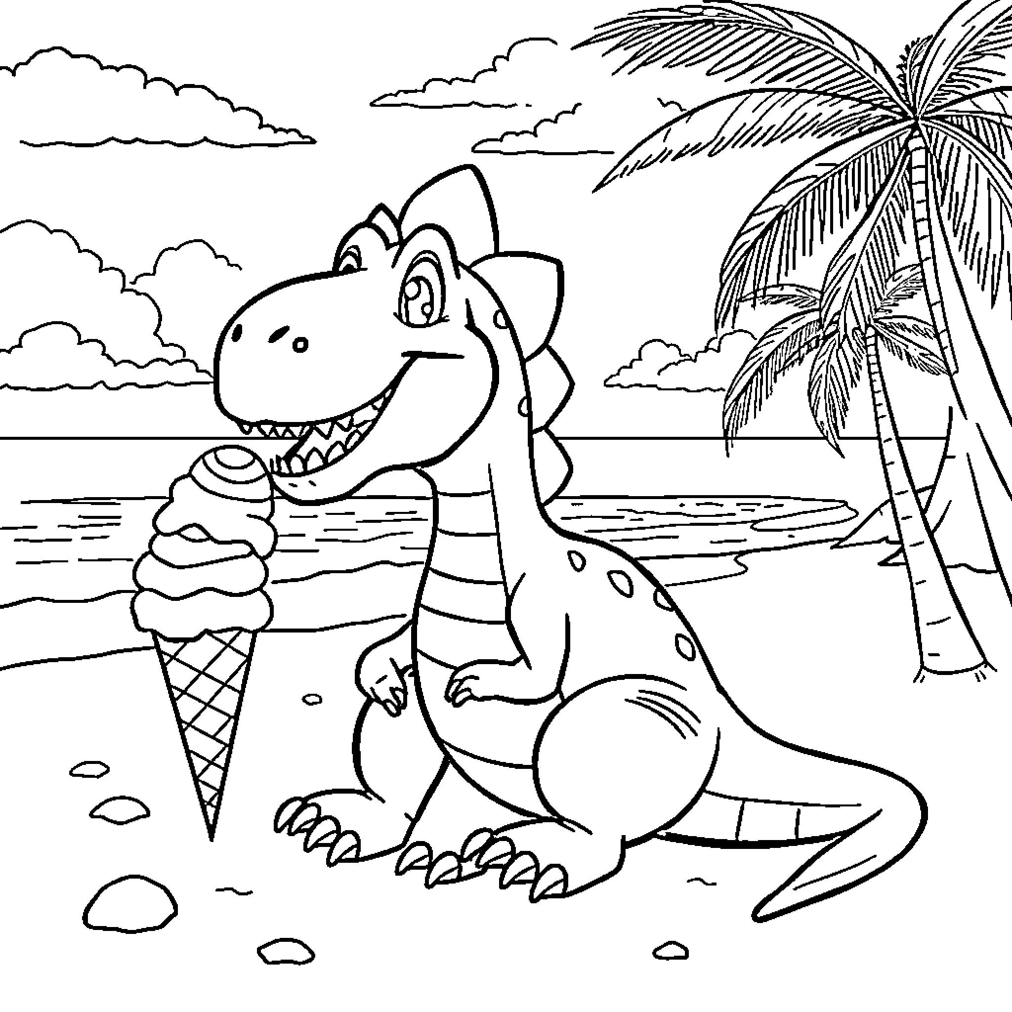 Dinosaur enjoying ice cream on the beach Coloring Page (free black-and-white line drawing printable PDF for all, from beginners to advanced learners, including children, teens, adults, and seniors)