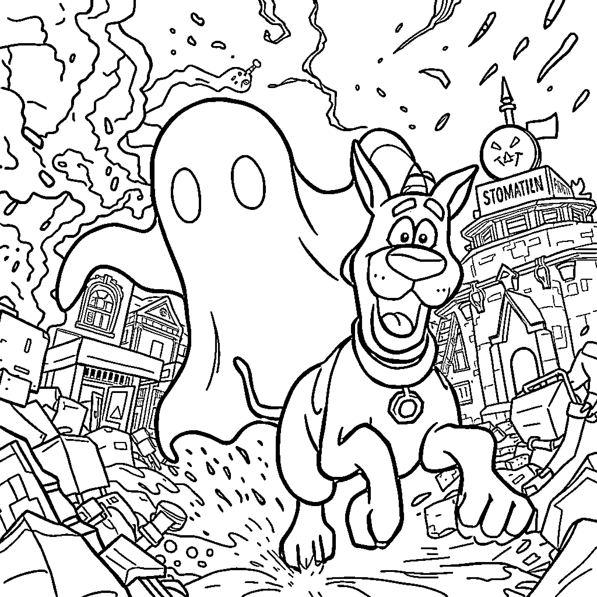 Ghost animal chasing through spooky town Coloring Page (free black-and-white line drawing printable PDF for all, from beginners to advanced learners, including children, teens, adults, and seniors)