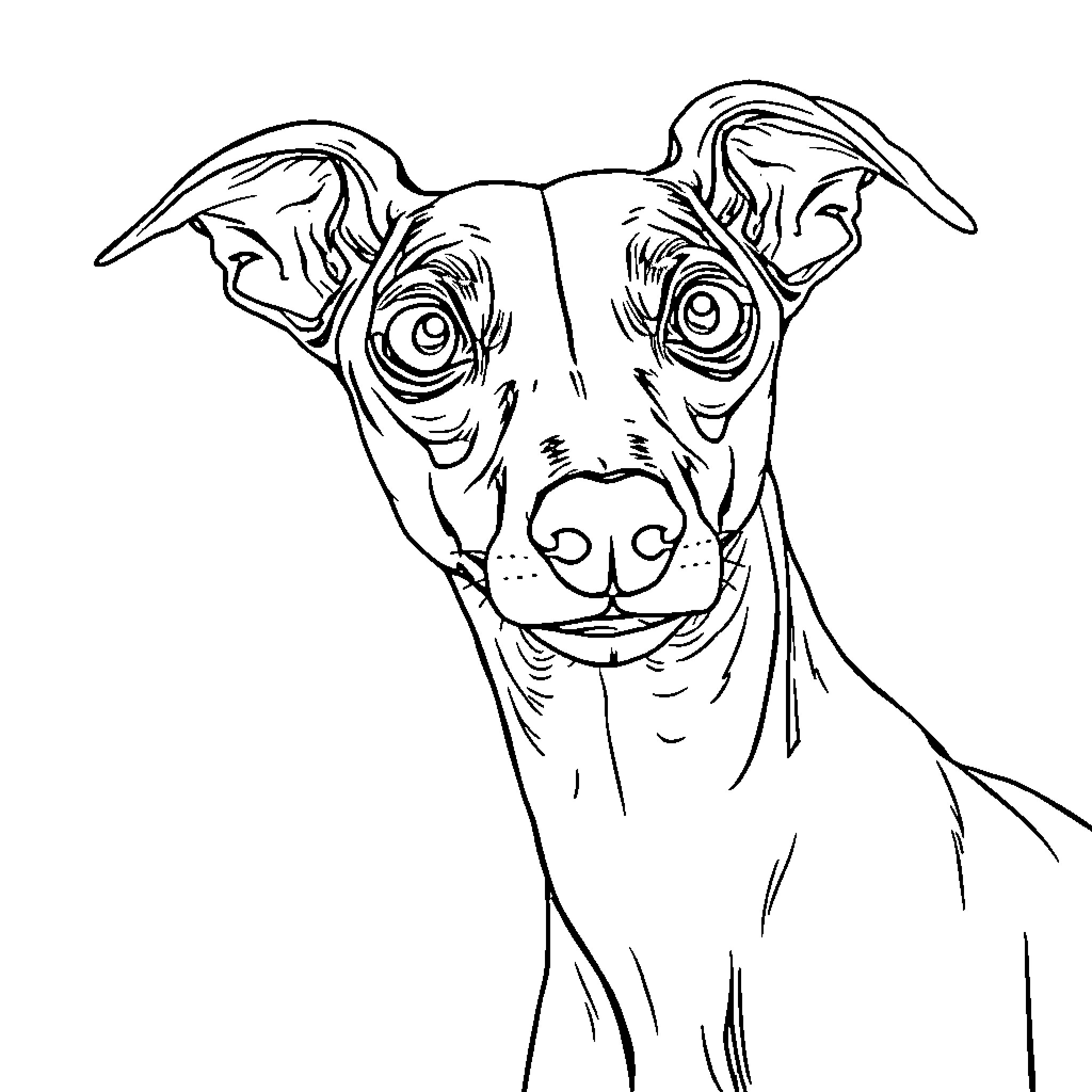 Italian Greyhound looking alert and curious Coloring Page (free black-and-white line drawing printable PDF for all, from beginners to advanced learners, including children, teens, adults, and seniors)