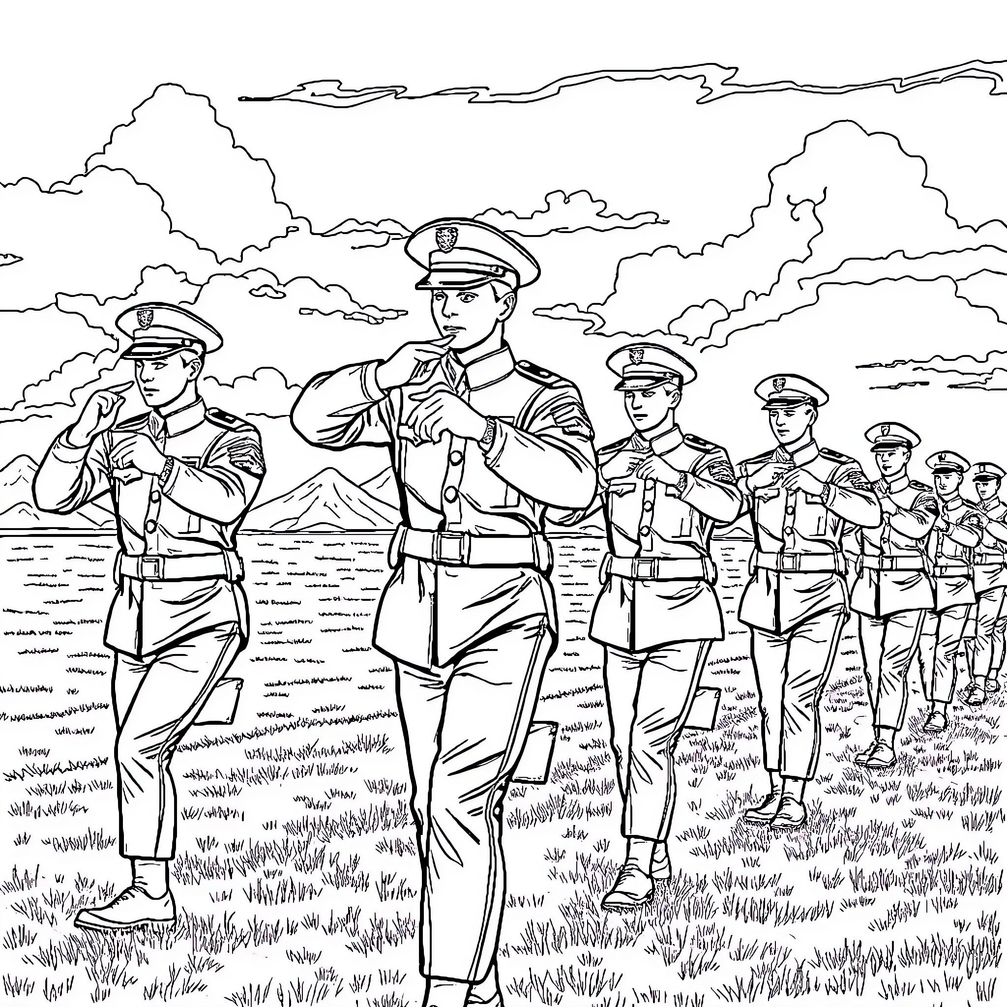 Marine Soldiers Marching in Formation Coloring Page (free black-and-white line drawing printable PDF for all, from beginners to advanced learners, including children, teens, adults, and seniors)