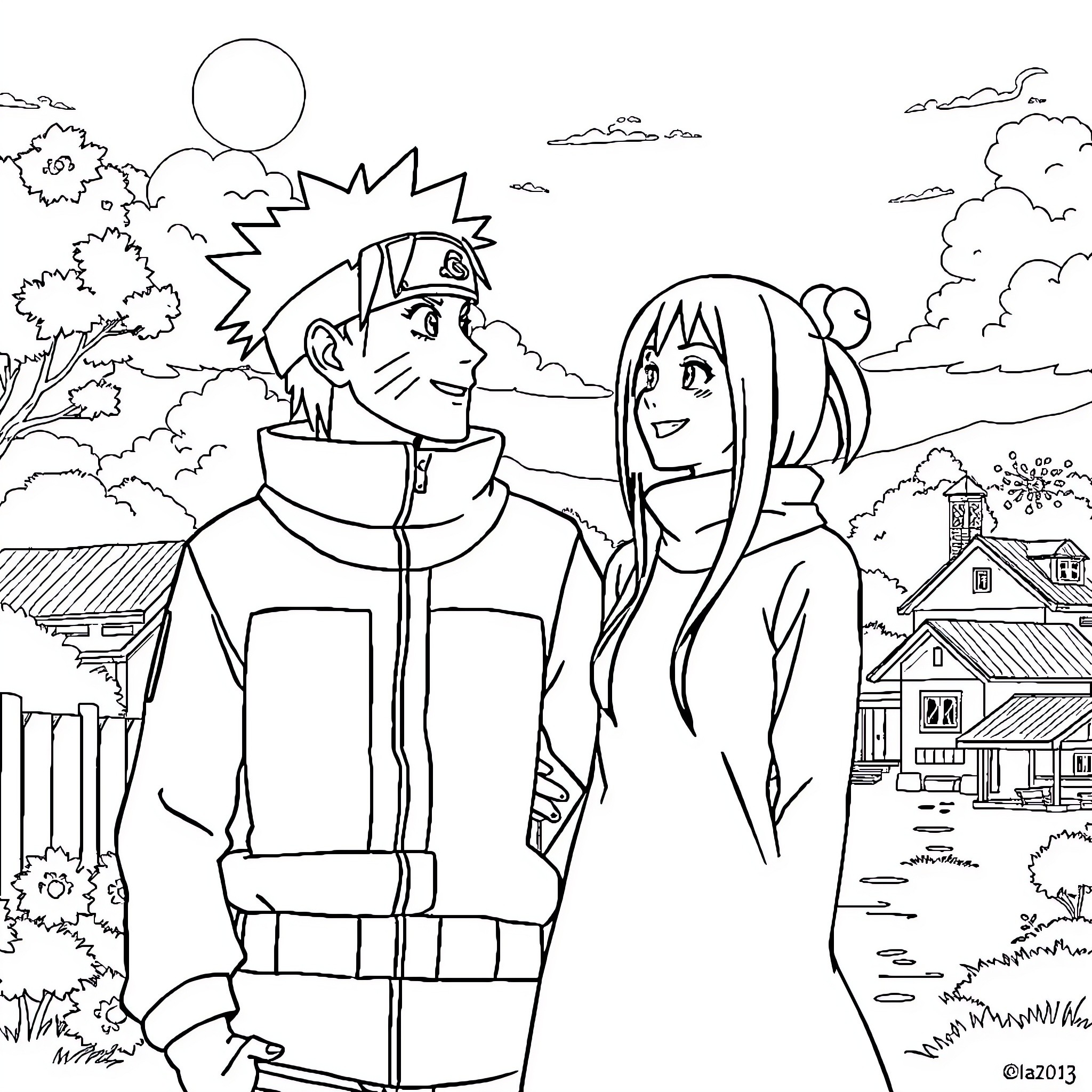 Naruto and Sakura in outdoor adventure Coloring Page (free black-and-white line drawing printable PDF for all, from beginners to advanced learners, including children, teens, adults, and seniors)