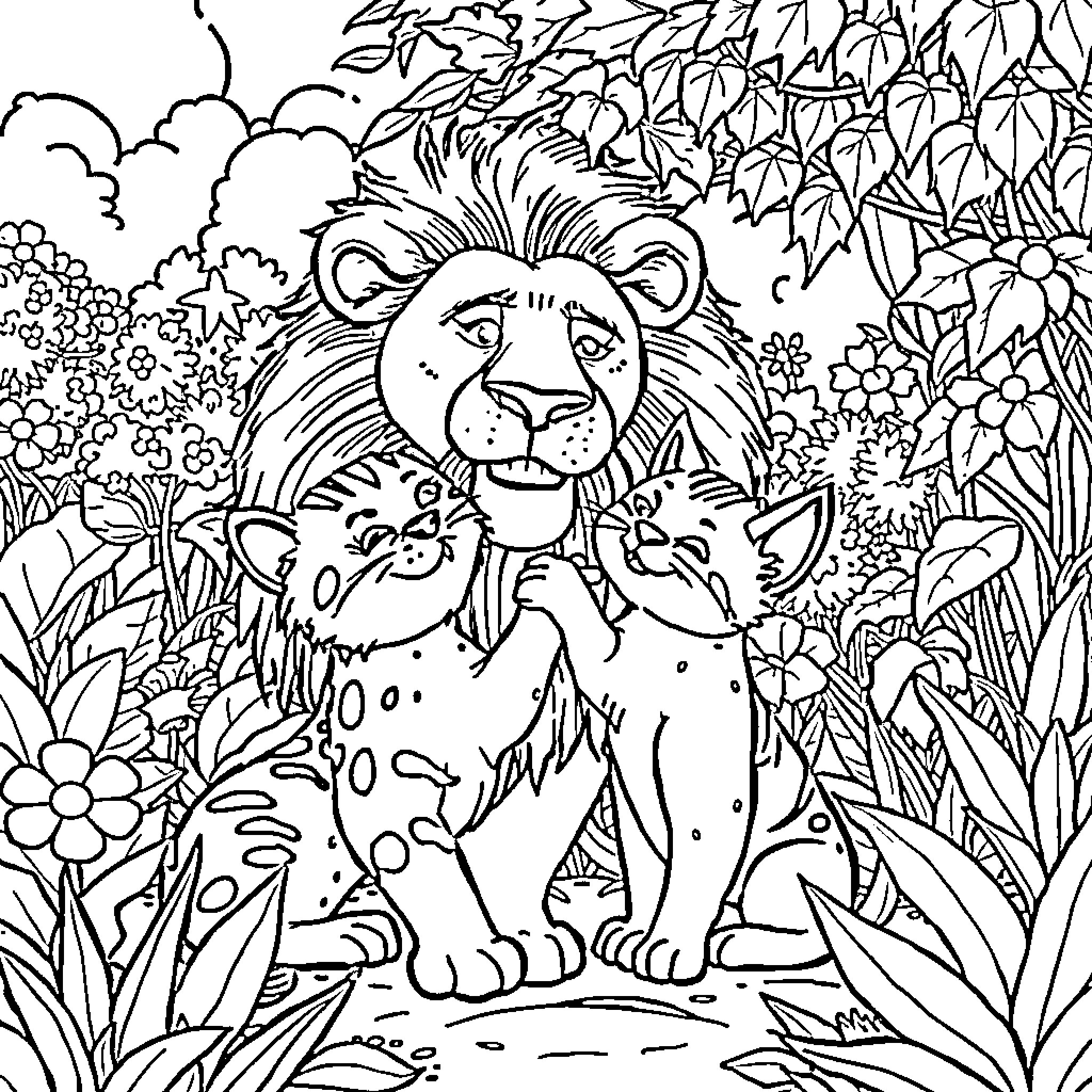 Lion surrounded by lush flora and fauna Coloring Page (free black-and-white line drawing printable PDF for all, from beginners to advanced learners, including children, teens, adults, and seniors)
