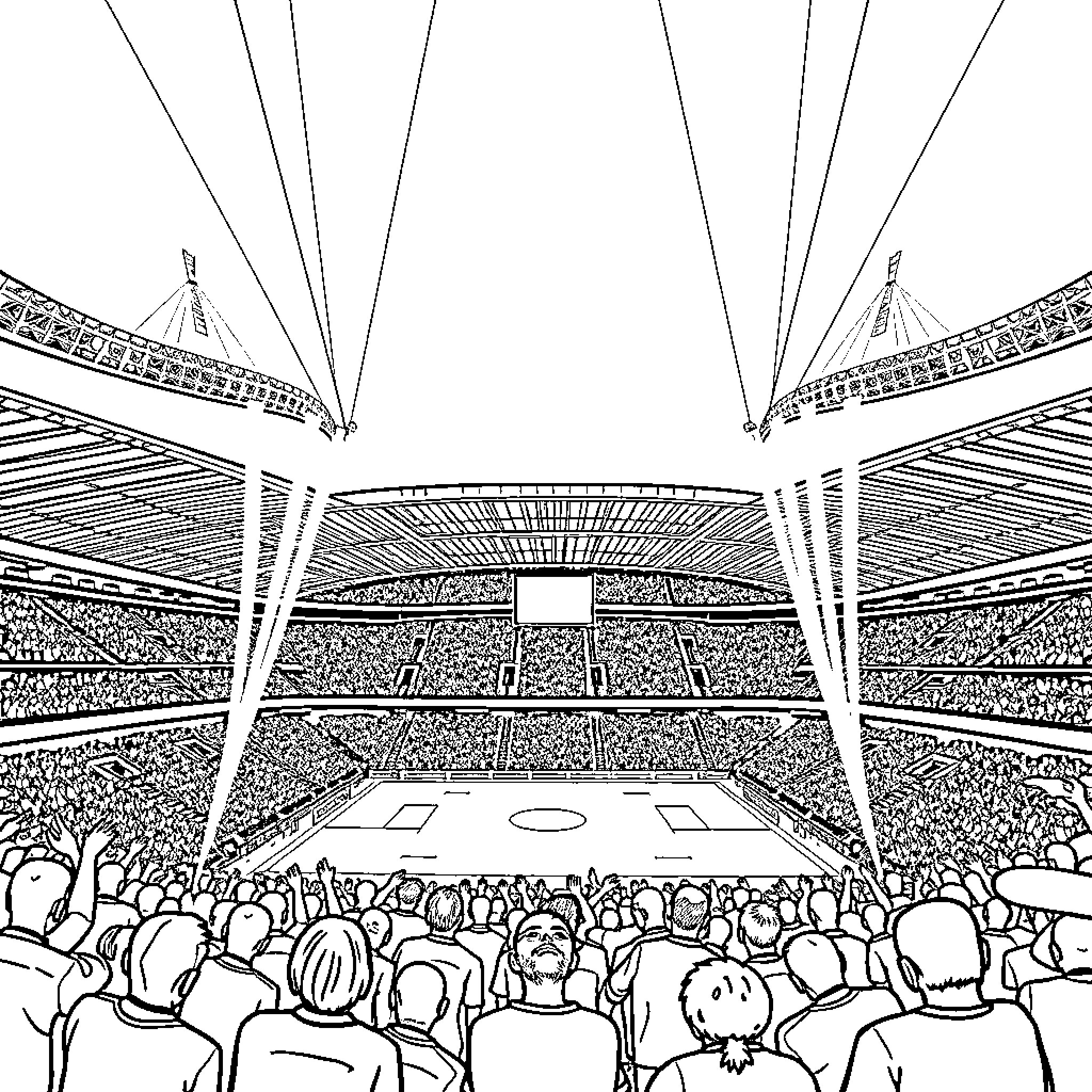 Stadium filled with cheering spectators Coloring Page (free black-and-white line drawing printable PDF for all, from beginners to advanced learners, including children, teens, adults, and seniors)