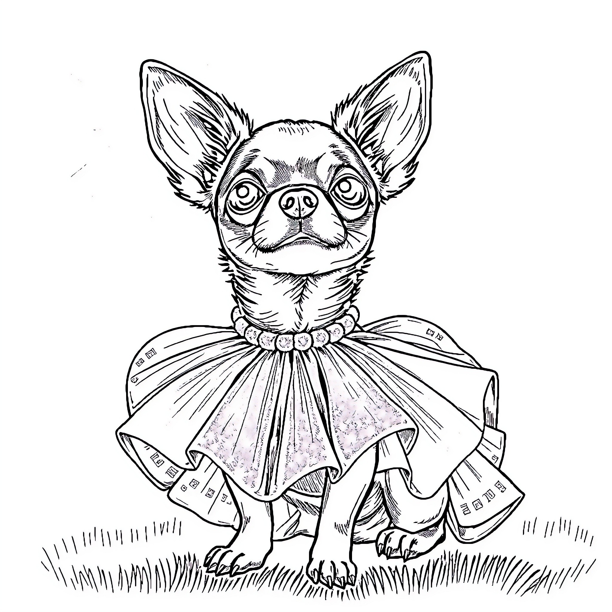 Chihuahua dressed in fancy outfit on grass Coloring Page (free black-and-white line drawing printable PDF for all, from beginners to advanced learners, including children, teens, adults, and seniors)