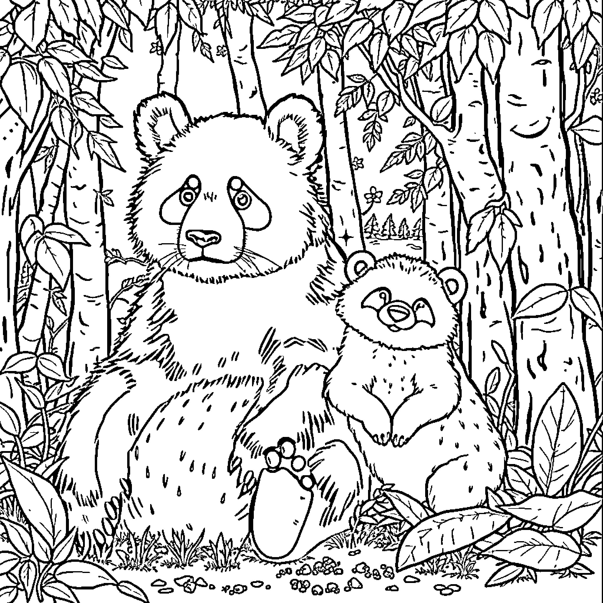 Panda Family in the Bamboo Forest Coloring Page (free black-and-white line drawing printable PDF for all, from beginners to advanced learners, including children, teens, adults, and seniors)