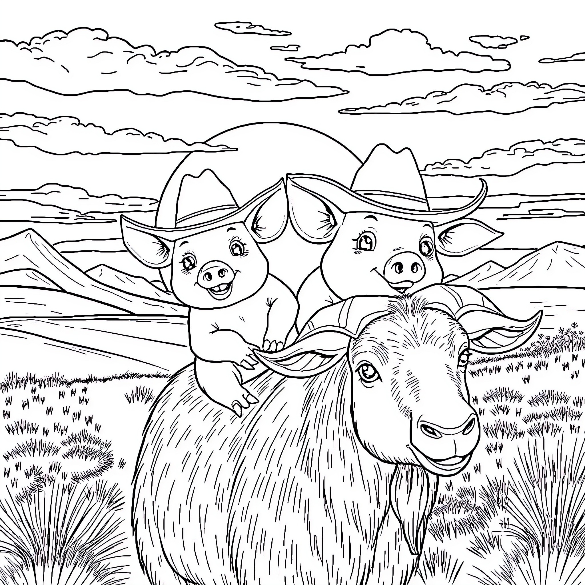 Pig cowboys riding on a furry creature in a scenic landscape Coloring Page (free black-and-white line drawing printable PDF for all, from beginners to advanced learners, including children, teens, adults, and seniors)