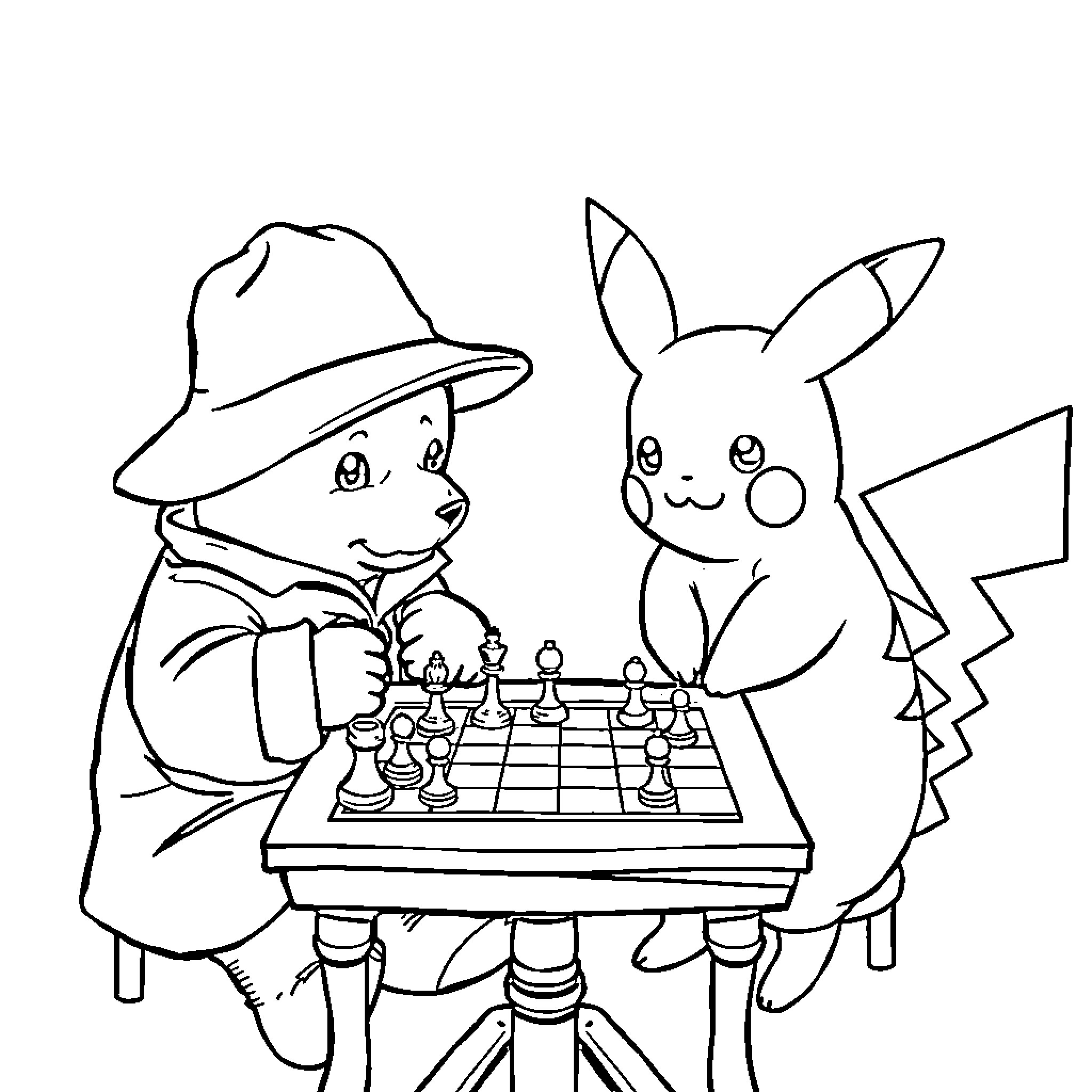 Paddington and Pikachu playing chess together Coloring Page (free black-and-white line drawing printable PDF for all, from beginners to advanced learners, including children, teens, adults, and seniors)