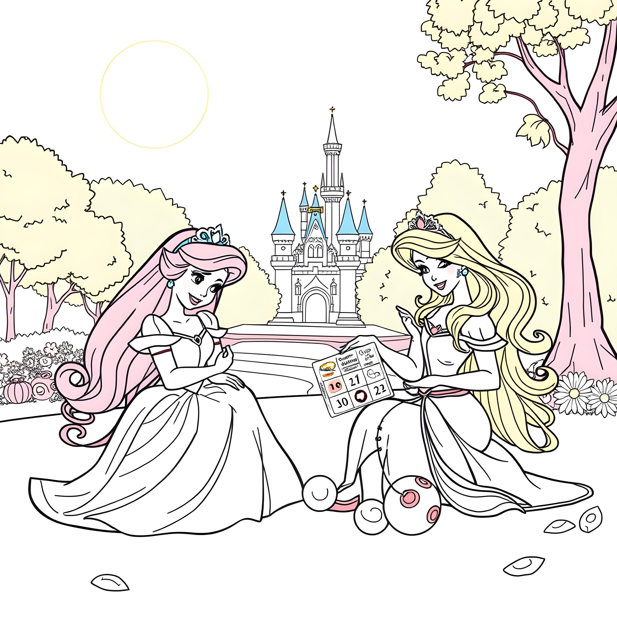 Bluey and friends enjoying a day at the magical castle Coloring Page (free black-and-white line drawing printable PDF for all, from beginners to advanced learners, including children, teens, adults, and seniors)