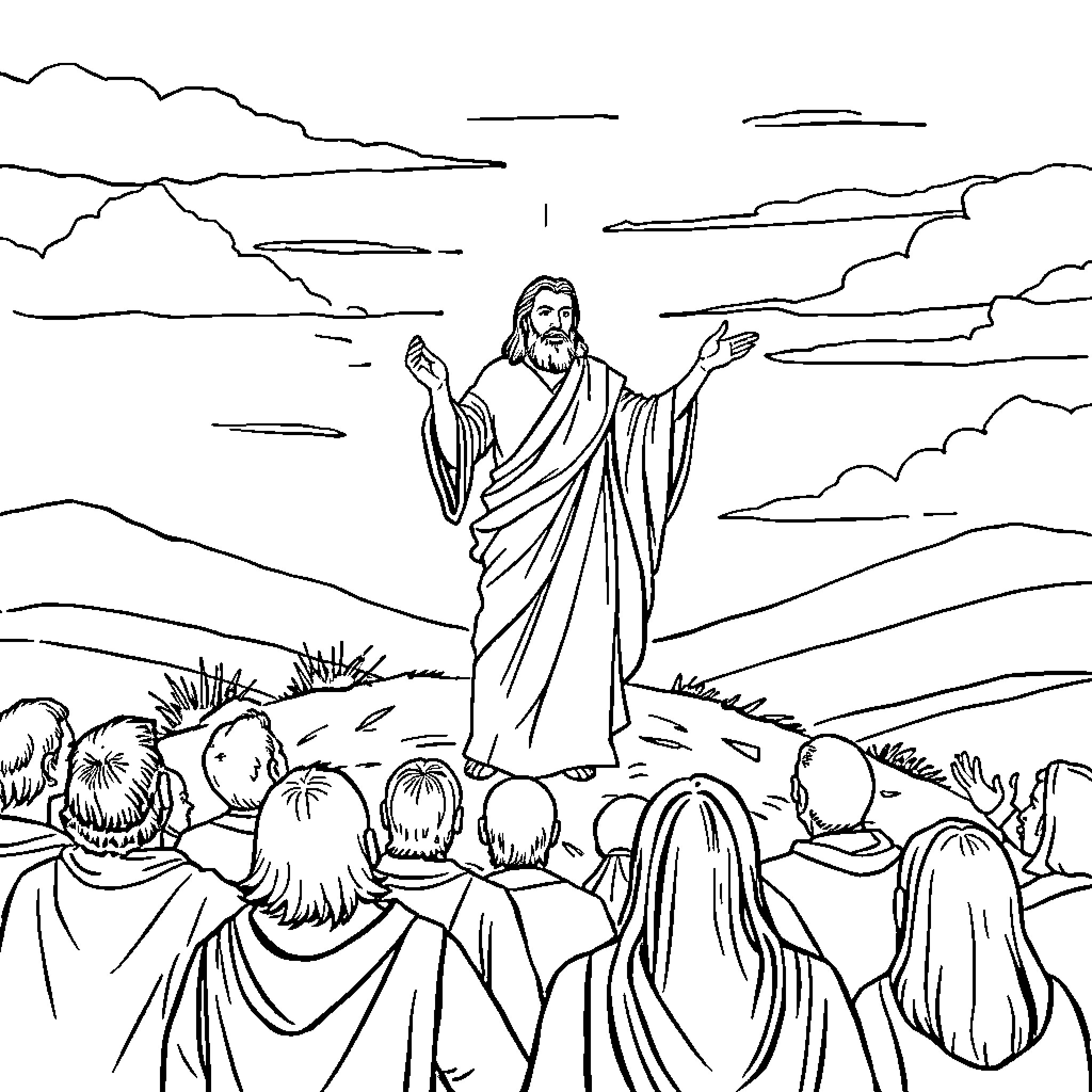 Jesus teaching his followers on the mountain Coloring Page (free black-and-white line drawing printable PDF for all, from beginners to advanced learners, including children, teens, adults, and seniors)