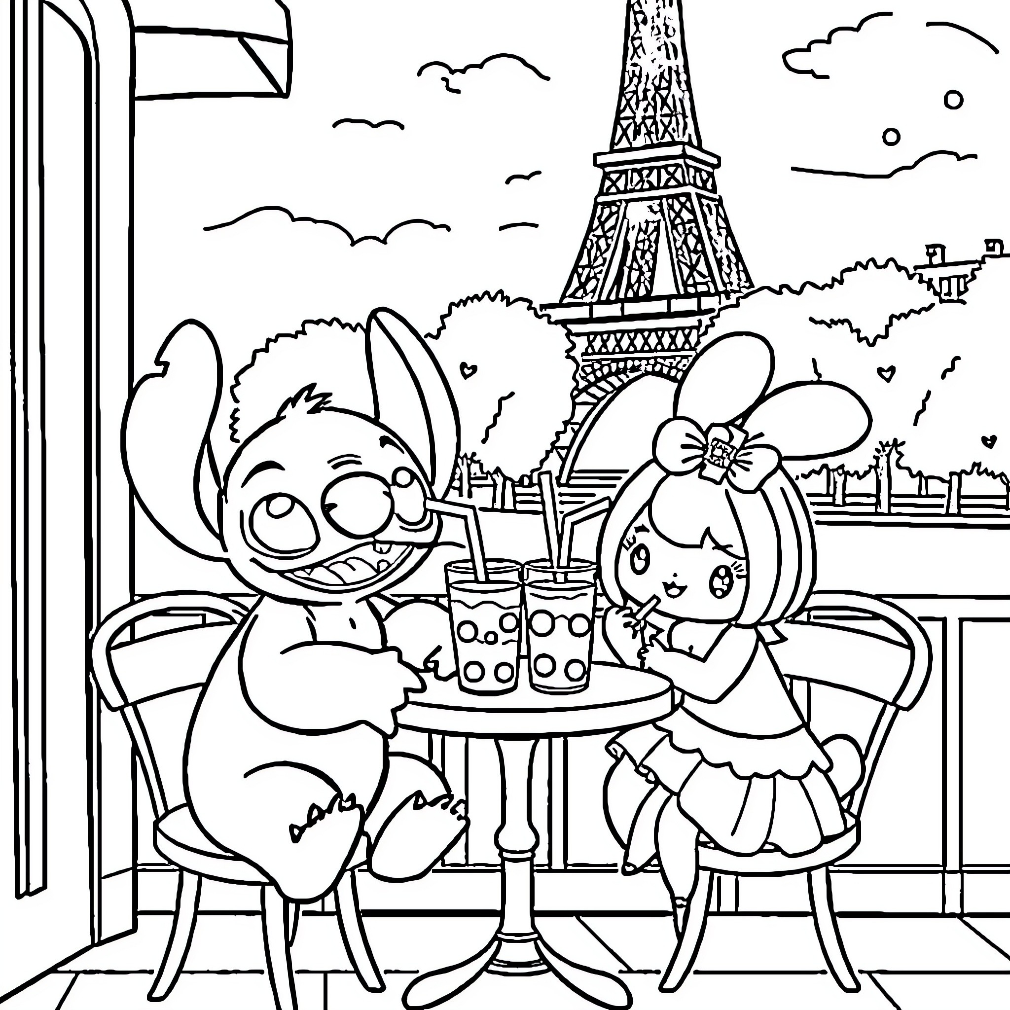 Stitch and Angel Enjoying Treats in Paris Coloring Page (free black-and-white line drawing printable PDF for all, from beginners to advanced learners, including children, teens, adults, and seniors)